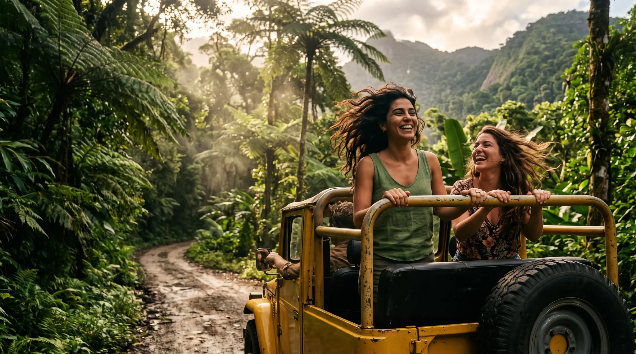 Two laughing women ride in the open back of a yellow off-road vehicle on a muddy rainforest trail, holding its roll bar. A partially visible driver is seated ahead. Dense ferns, palms and banana plants surround the trail, with sunlit mountain ridges in the background.