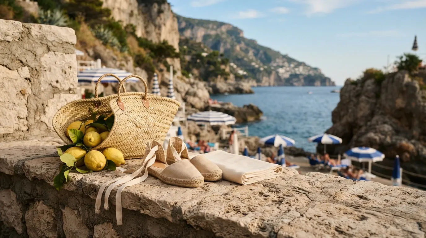 A woven straw tote bag overflowing with fresh yellow lemons sits beside a pair of beige lace-up espadrilles and a neatly folded towel on a rugged stone ledge. In the sunlit background, a scenic Mediterranean coastal cove opens up with calm turquoise water, rocky cliffs, distant hillside buildings, and beachgoers relaxing beneath blue-and-white striped umbrellas.