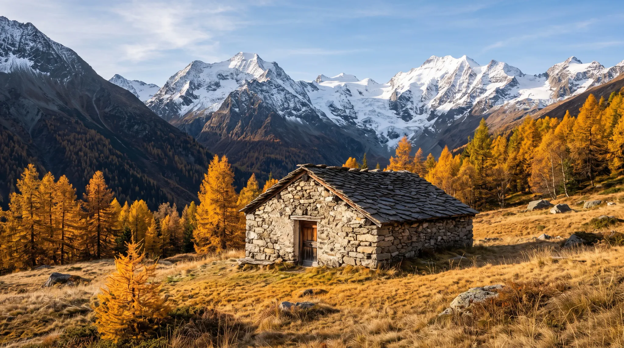 A traditional rustic stone hut with a dry-stone wall and stone-slab roof stands nestled in a high alpine meadow dotted with vibrant golden larch trees, set before a majestic backdrop of glaciated snow-capped mountain peaks under a clear blue sky.