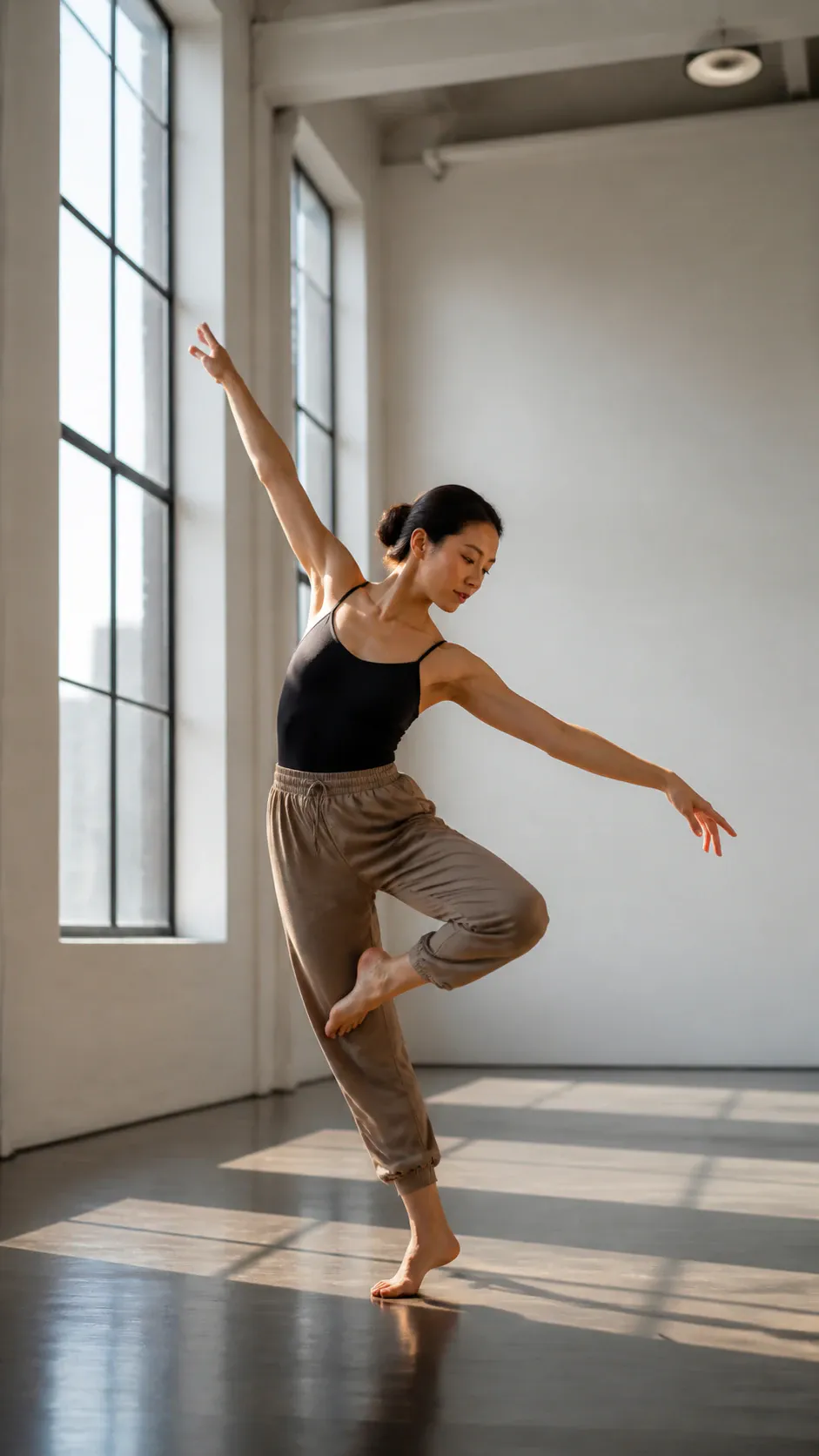Full-length vertical photograph of a woman performing a graceful contemporary dance pose in a spacious, sunlit studio with tall loft windows and polished wooden floors.