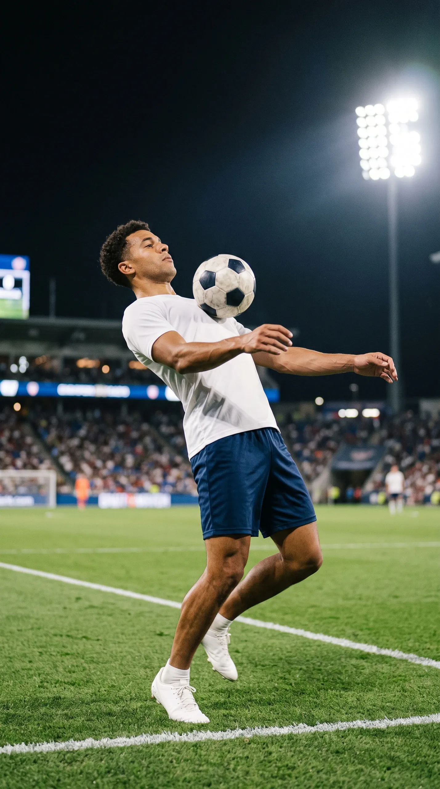 A male soccer player wearing a white crew-neck t-shirt and navy athletic shorts traps a classic black-and-white soccer ball on his chest during nighttime play on a grass soccer pitch. The scene is illuminated by bright overhead stadium floodlights with blurred spectator stands in the background.