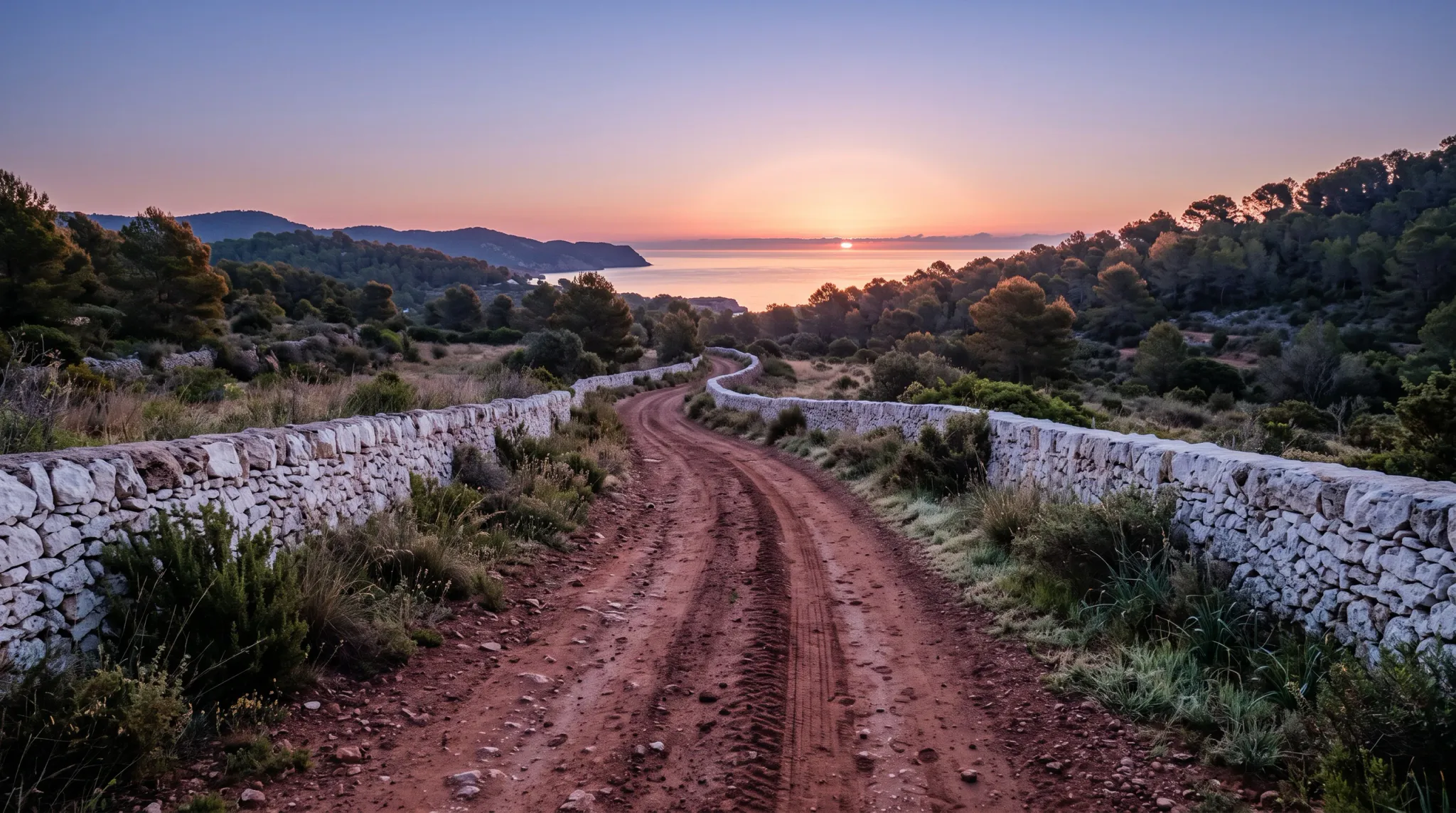 A reddish dirt road winds downhill between low dry-stone walls through dense Mediterranean-looking shrubs and pine trees toward a calm coastal bay. The sun is setting over the water, with wooded hills and headlands layered across the horizon beneath a clear pink, purple, and blue sky.