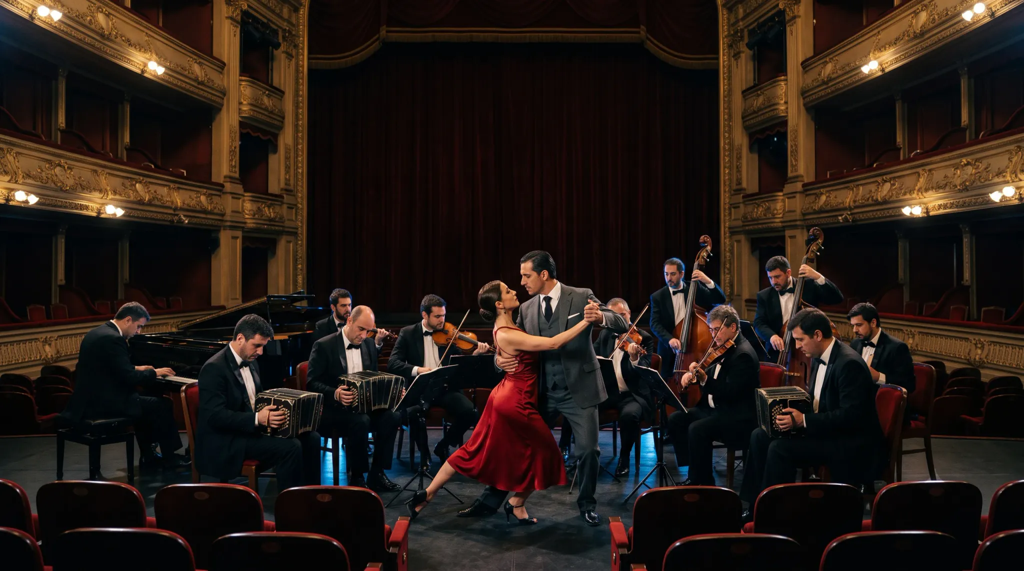 A woman in a vibrant red sleeveless dress and a man in a tailored grey three-piece suit perform an Argentine tango in the center of an ornate opera house stage. Behind them, an orchestra of musicians dressed in black suits and tuxedos plays bandoneons, violins, a grand piano, and double basses. The foreground shows rows of red velvet theater seats in front of the illuminated stage.