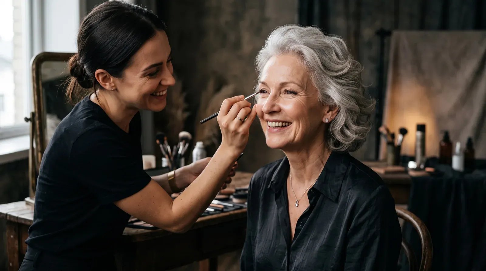 A dark-haired makeup artist smiles as she applies eye makeup with a brush to a happy mature woman with short wavy silver hair in a well-equipped makeup studio.