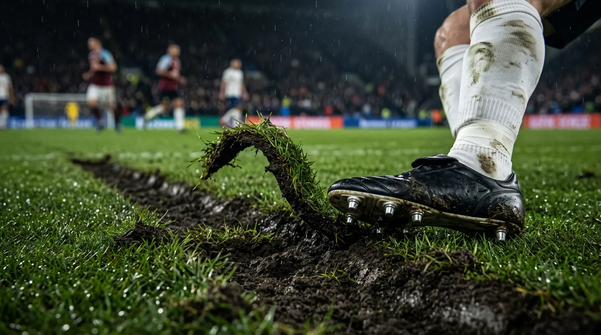 A low-angle, close-up photograph capturing a soccer player's black football boot digging into a wet pitch during a match in the rain. The metal studs peel up a curved ribbon of muddy turf and dark soil, leaving a deep furrow in the grass. The player's white athletic sock is stained with dirt. In the shallow-focus background, stadium floodlights illuminate falling raindrops, other players in uniform, and blurred spectator stands.