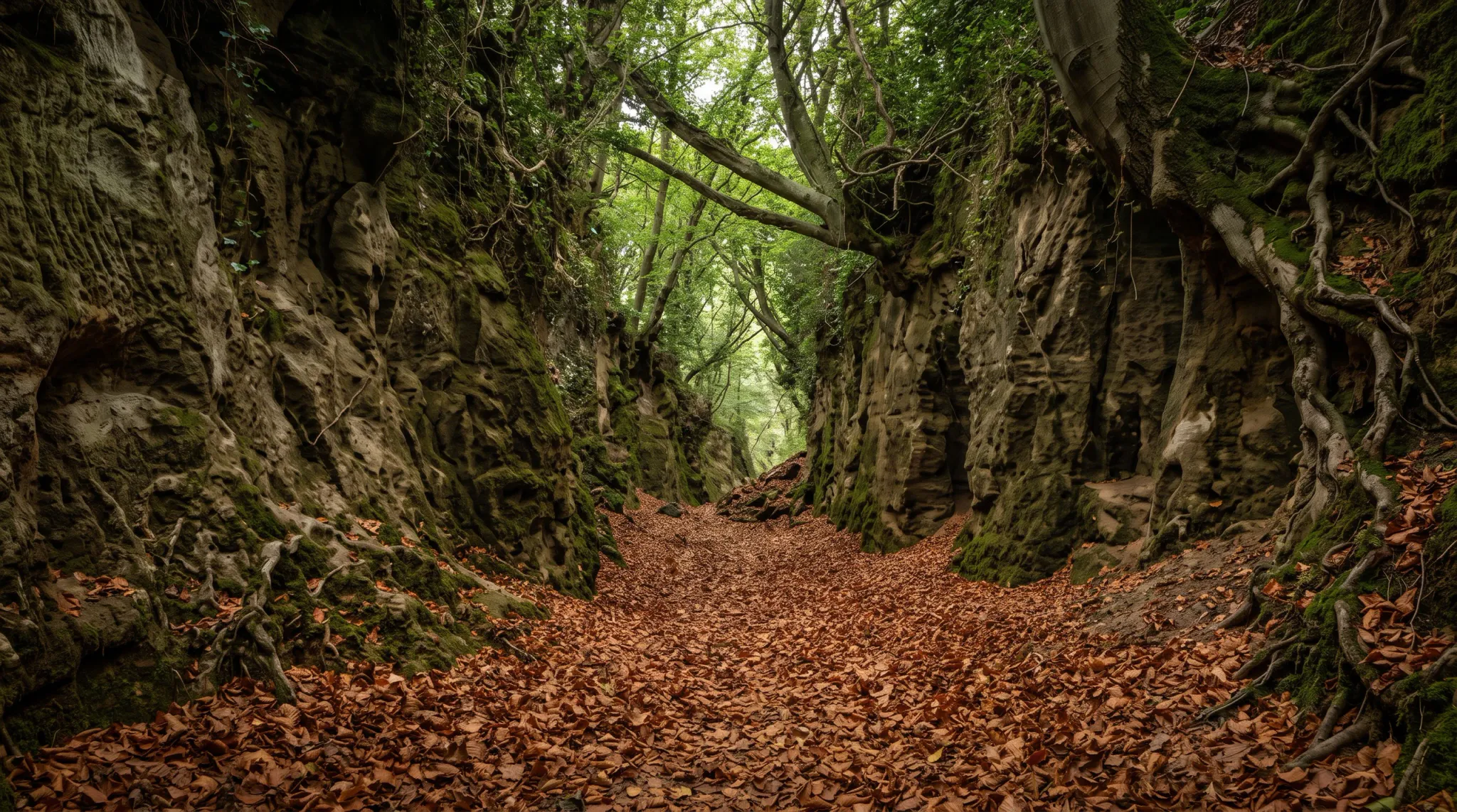 A quiet forest path covered in brown fallen leaves runs through a narrow, enclosed rocky ravine. Moss, exposed roots, ivy, and dense green trees cover the weathered canyon walls, while filtered daylight brightens the passage in the distance.