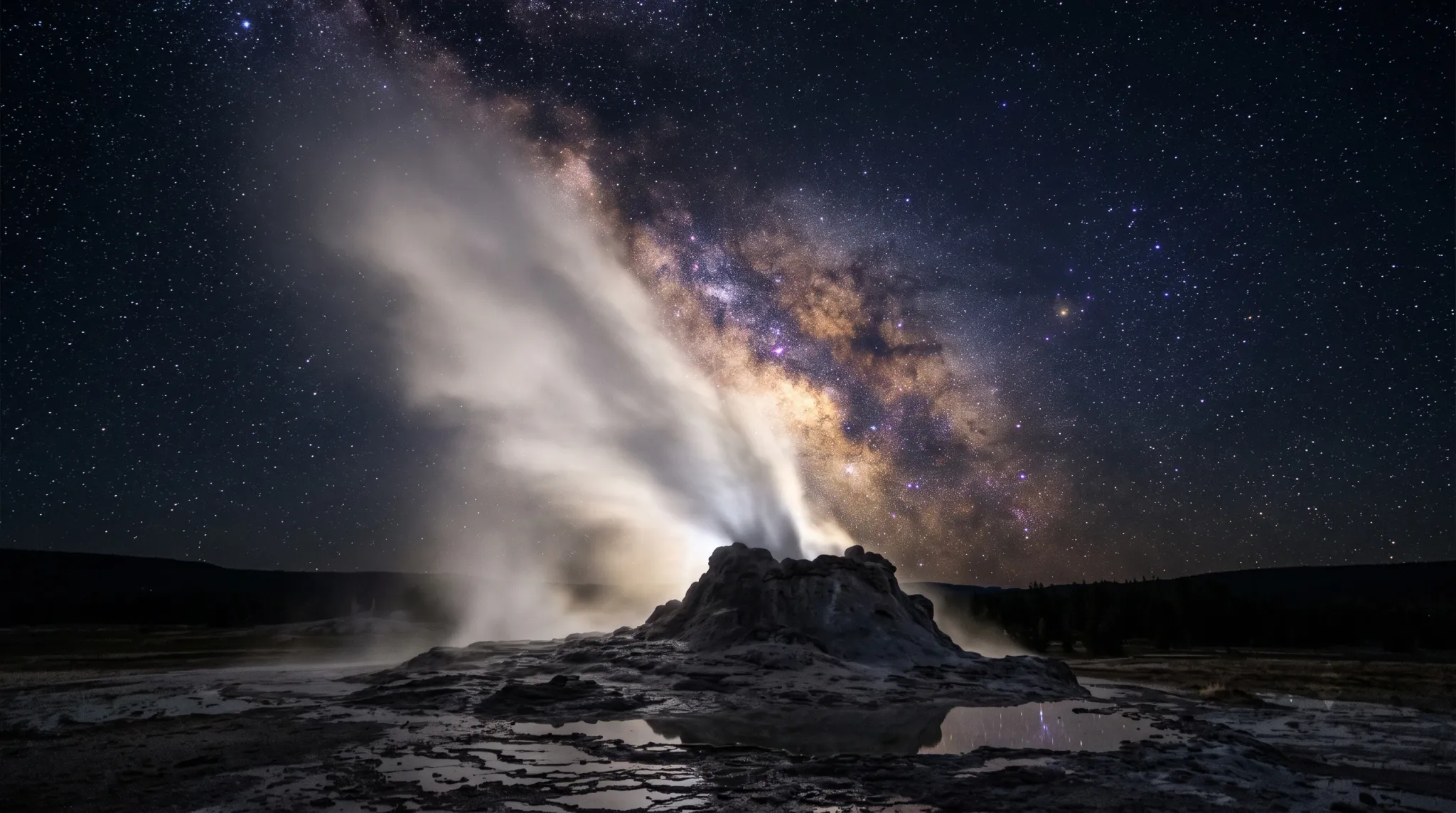 A geyser erupts in a rugged geothermal basin at night, sending a broad white plume into a richly star-filled sky with the Milky Way visible behind it. Dark hills and tree silhouettes line the horizon, while shallow foreground pools reflect the eruption glow and stars.