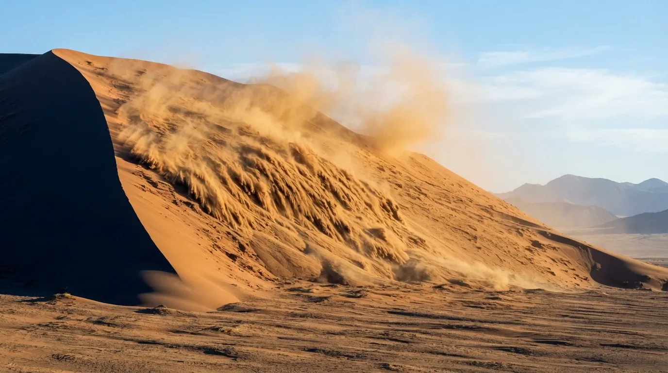 A massive golden-orange sand dune in an arid desert wilderness experiences a sand avalanche or slipface collapse down its steep slope, creating billowing plumes of sand dust in the bright sunlight, with distant mountains visible in the background under a pale blue sky.