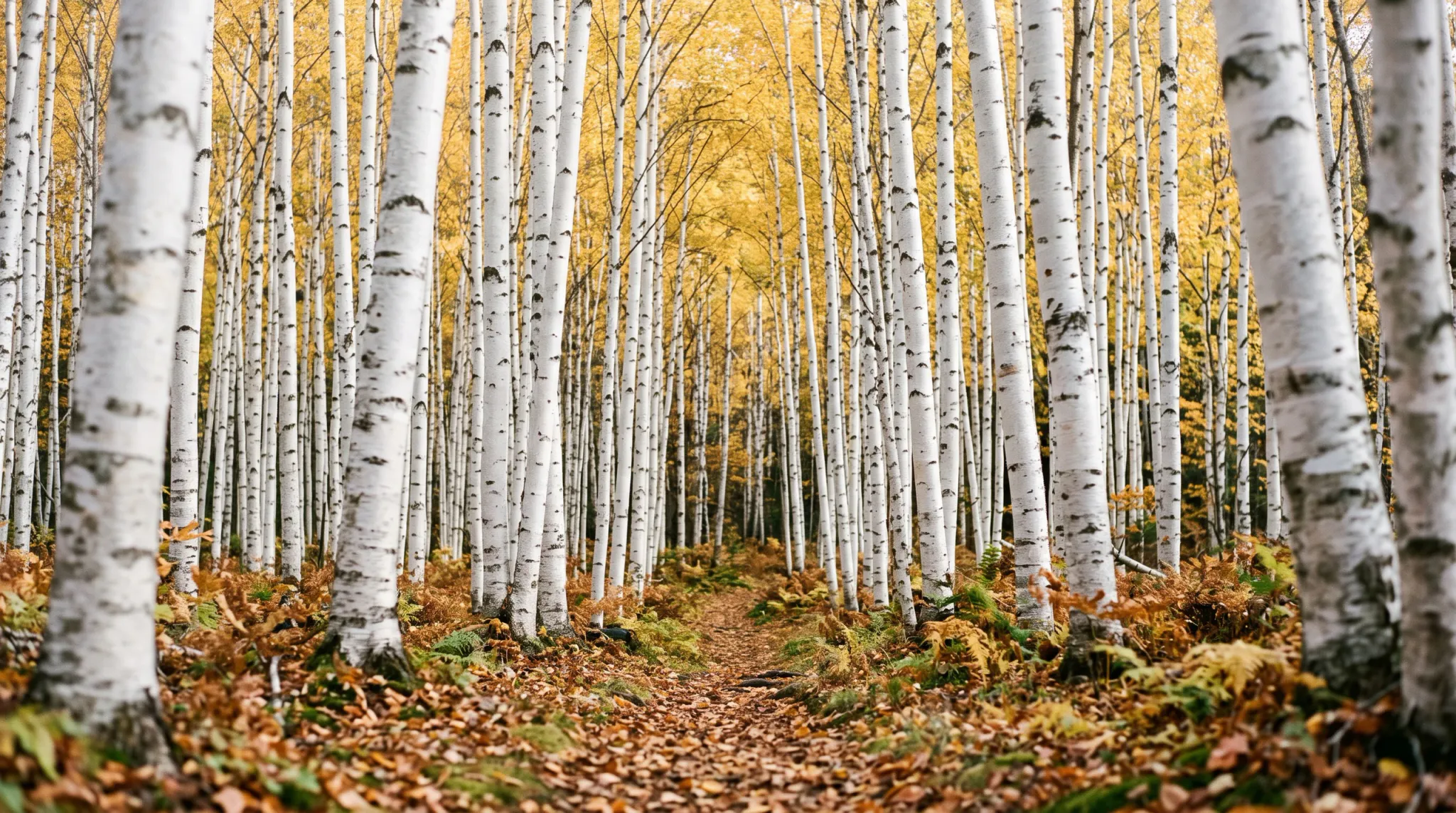 A dense stand of slender white birch trees fills the frame with striking vertical white and black trunks in full autumn color. A narrow trail covered in fallen brown and yellow leaves recedes into the center of the woods, flanked by green and golden undergrowth ferns. Above, the dense canopy glows with vibrant yellow and gold leaves in soft daylight, creating a peaceful woodland landscape.