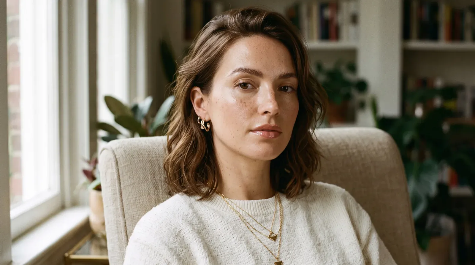 Close head-and-shoulders portrait of an adult woman with wavy brown hair, light freckles, and a neutral expression, looking directly into the camera. She wears a cream-white knit crewneck sweater, layered gold pendant necklaces, and gold twisted hoop earrings while sitting in a beige upholstered armchair indoors beside a bright window, with a softly blurred bookshelf in the background.
