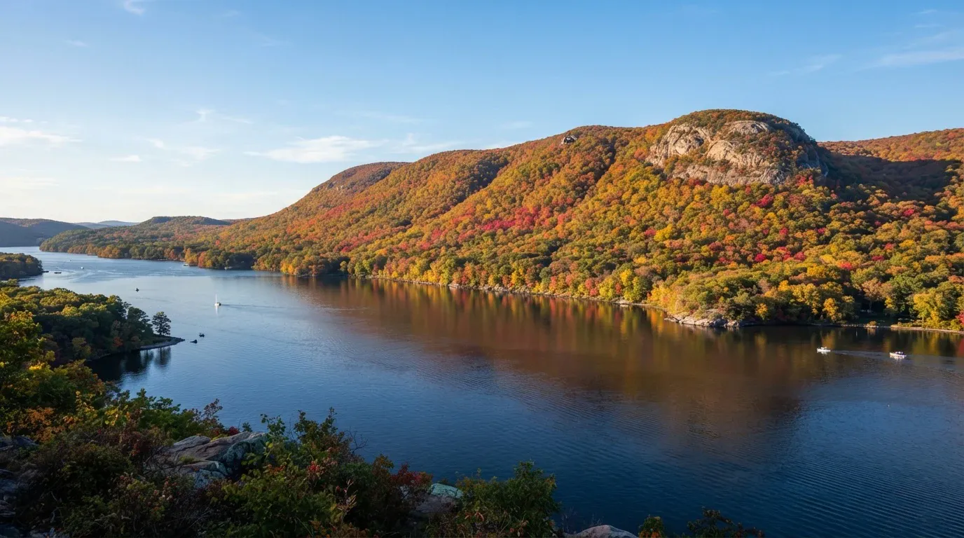 A high-angle panoramic photograph overlooking a wide, calm river flanked by steep rolling hills and mountains during peak autumn foliage. The hillsides are blanketed in a dense deciduous forest displaying brilliant shades of red, orange, yellow, and green. A prominent bare rock dome crowns one of the highest ridges, while small boats navigate the blue water below, casting gentle wakes and reflections along the shoreline under a clear afternoon sky.