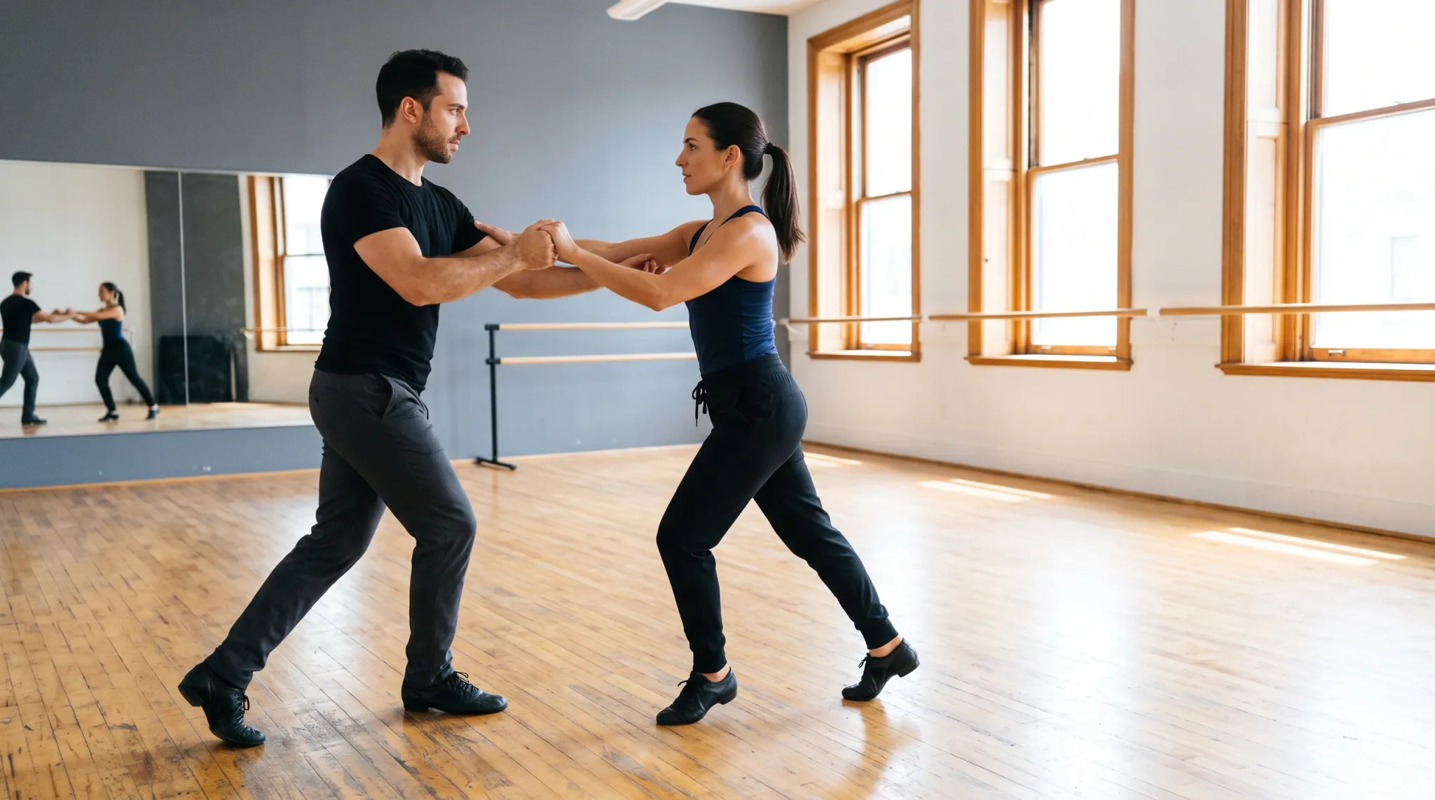 A man in a black t-shirt and charcoal trousers and a woman in a navy tank top and black pants practice a partner dance in a bright, spacious dance studio with hardwood floors, a wall mirror, and barre.