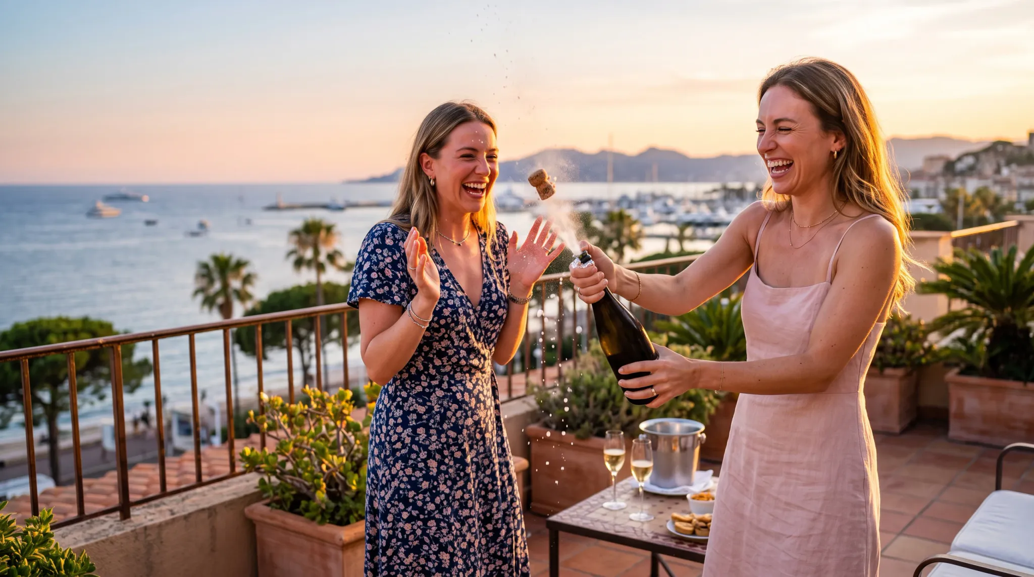 Two laughing women celebrate on a sunlit terrace overlooking a calm harbor and open water. The woman on the right holds an opened sparkling-wine bottle with foam and droplets spraying upward; the woman on the left raises her hands in delighted surprise. A small table holds two wine glasses, an ice bucket, and snacks, with potted plants and palm trees around the terrace.