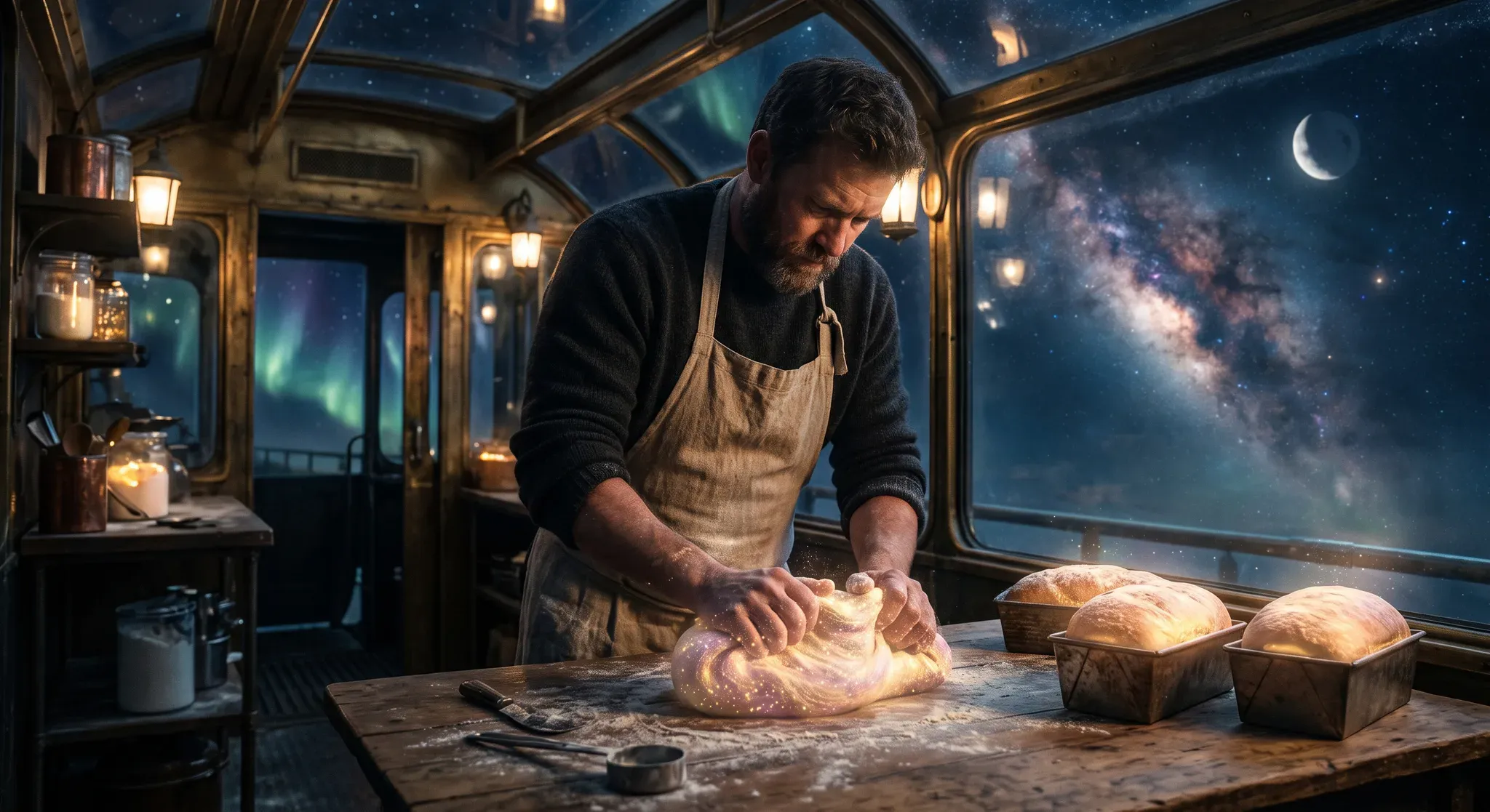 An adult male baker wearing an apron and dark sweater leans over a rustic wooden table inside a train car, kneading luminous cosmic dough infused with starlight while panoramic windows overlook a night sky filled with a galaxy, crescent moon, and aurora borealis.