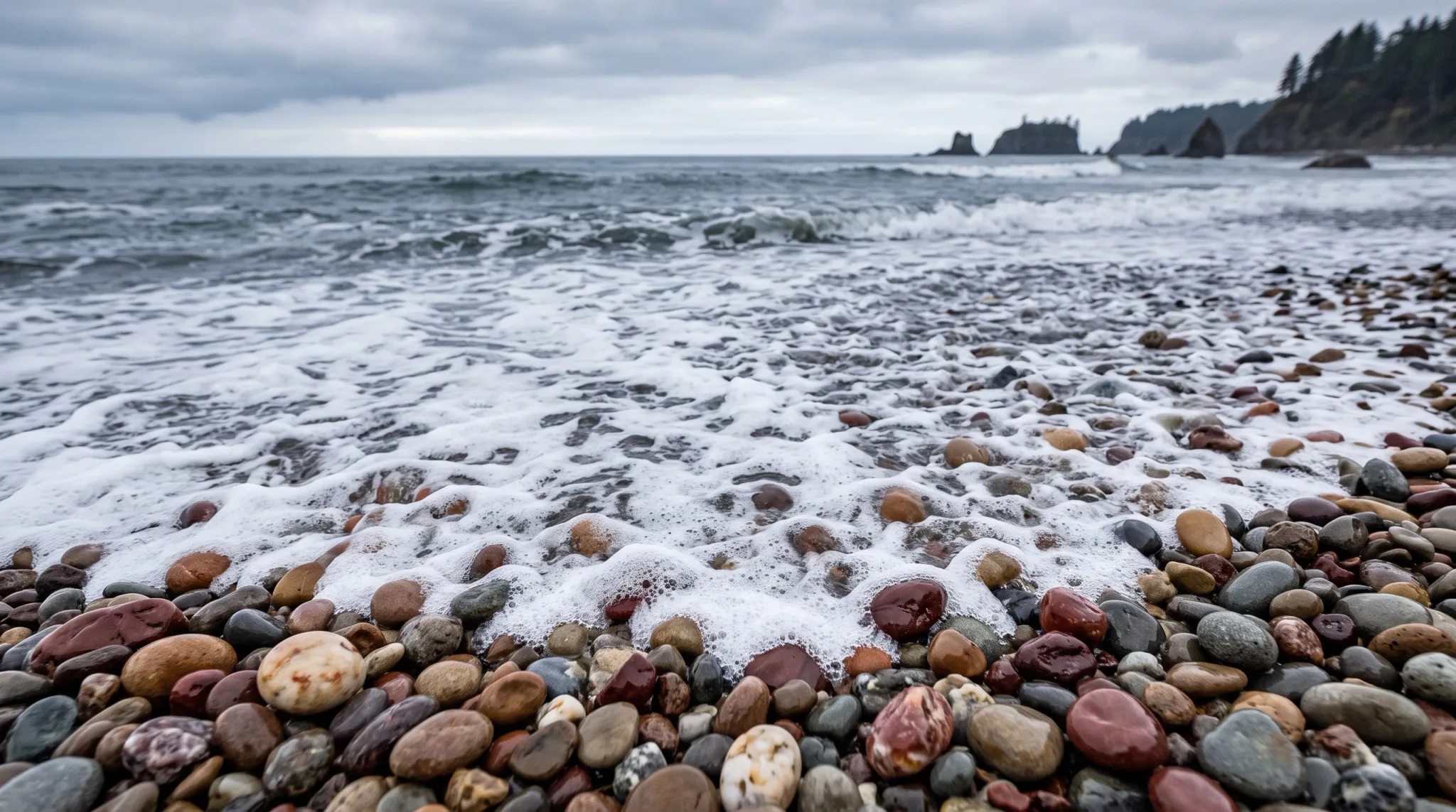 A low-angle close-up view of an ocean tide washing white frothy sea foam across smooth, wet, multicolored pebbles and stones on a Pacific Northwest beach, with rolling waves, distant offshore sea stacks, and forested coastal cliffs under a cloudy overcast sky.