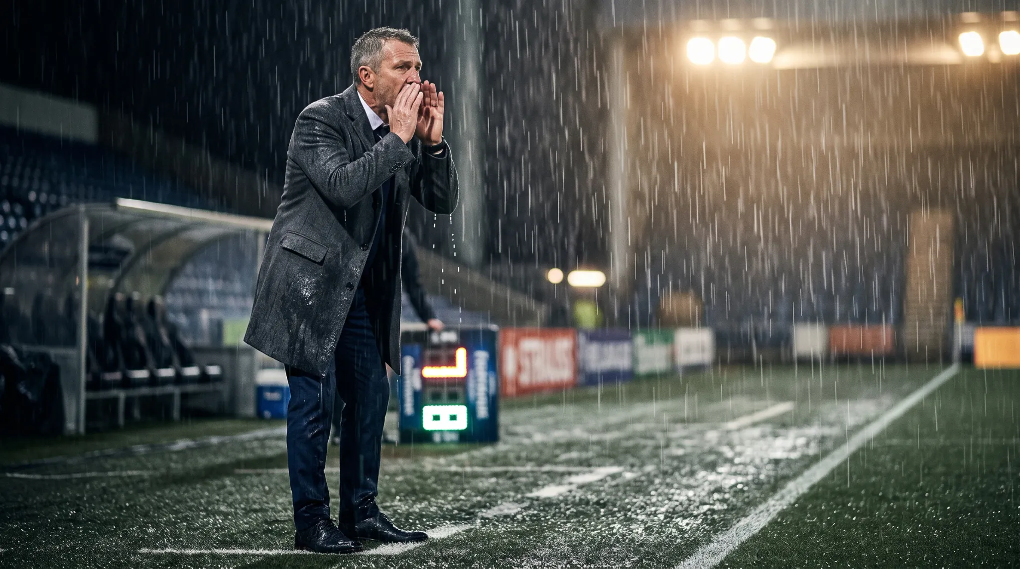 A male soccer coach in a wet grey overcoat stands on the touchline of a stadium at night, shouting instructions onto the pitch with cupped hands during heavy rain.