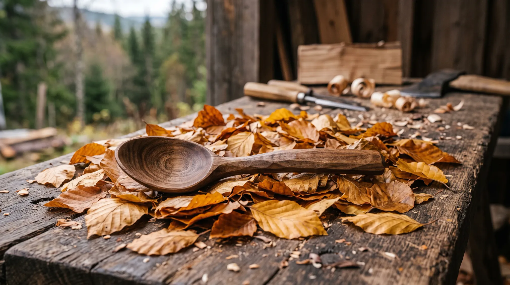 A handcrafted wooden spoon with a faceted handle rests on a bed of dry golden autumn leaves on a weathered wooden workbench. In the soft-focus background of the semi-open workshop, woodworking chisels, wood curls, and an axe sit on the tabletop overlooking an evergreen forest.
