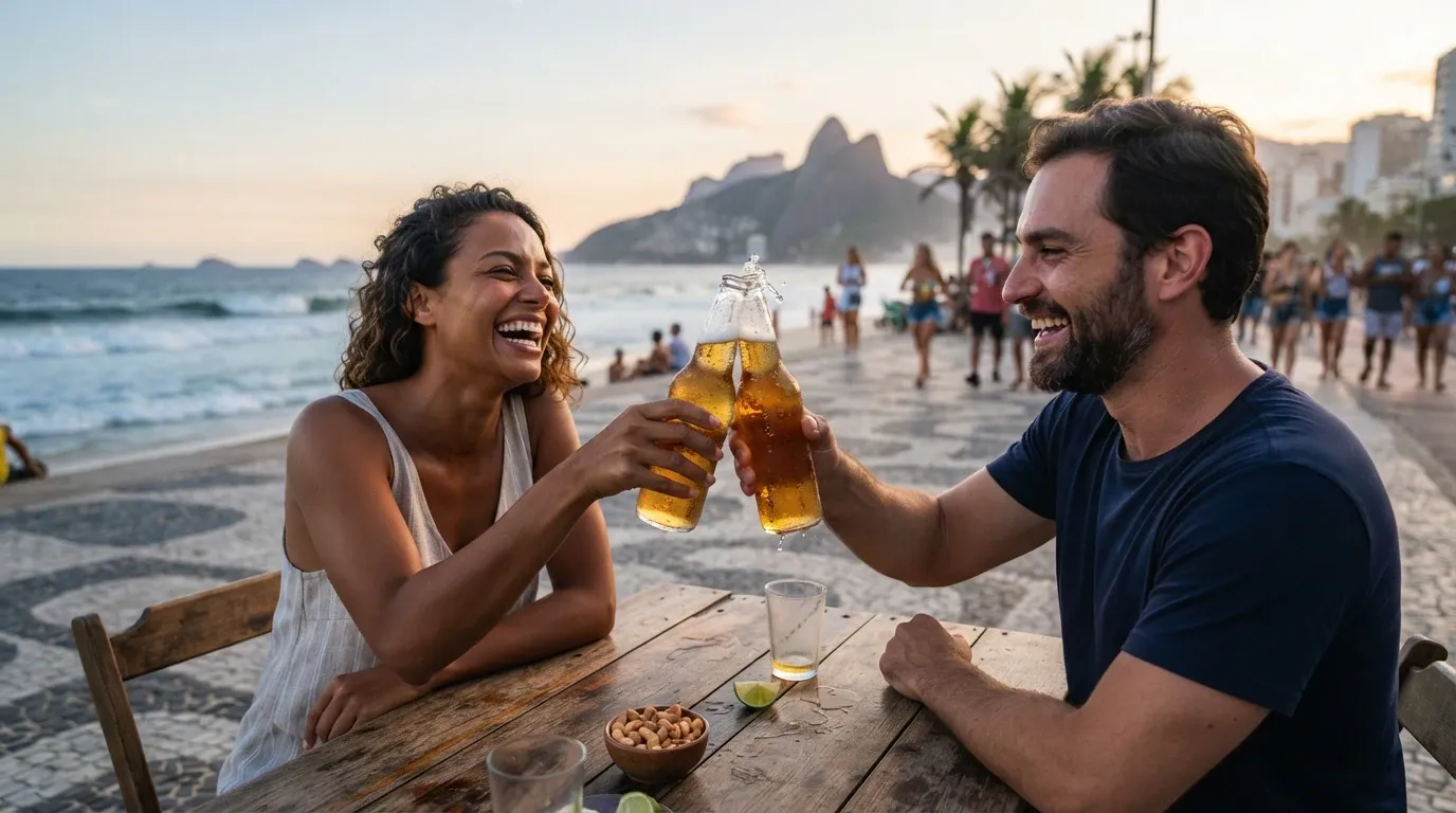 A smiling man and laughing woman sit across from each other at a rustic wooden table on a bustling seaside promenade, joyfully clinking glass beer bottles together in a celebratory toast with foam splashing out. On the wooden table sit a small wooden bowl of peanuts, an empty drinking glass, and a fresh lime wedge. In the background, waves break along a sandy beach beside a mosaic-tiled boardwalk where other pedestrians stroll, framed by distant coastal mountains under warm late afternoon sunlight.