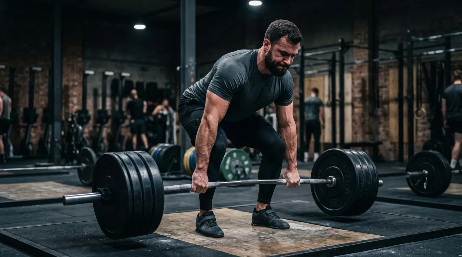 A muscular bearded man in a gray fitted t-shirt, black shorts, and black compression tights deadlifts a heavy barbell loaded with black bumper plates on a wooden platform inside an indoor gym.
