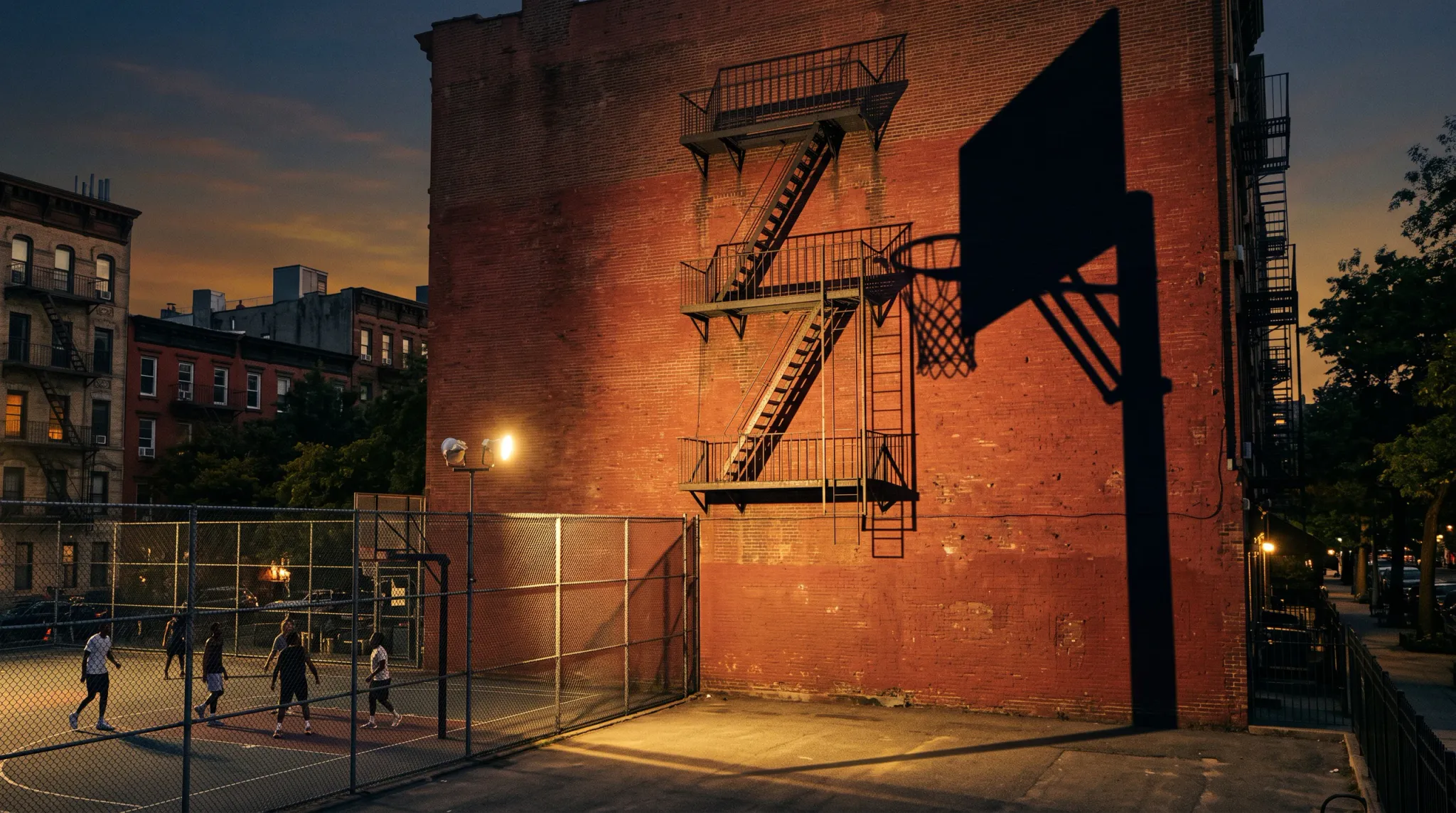 A wide urban evening view of four people on a fenced basketball court beside a large red-brick building. Metal fire escapes climb the wall, casting a dramatic basketball-hoop and stairway shadow across the sunlit bricks. Apartment buildings, street lamps, trees, and a warm orange sunset fill the background.