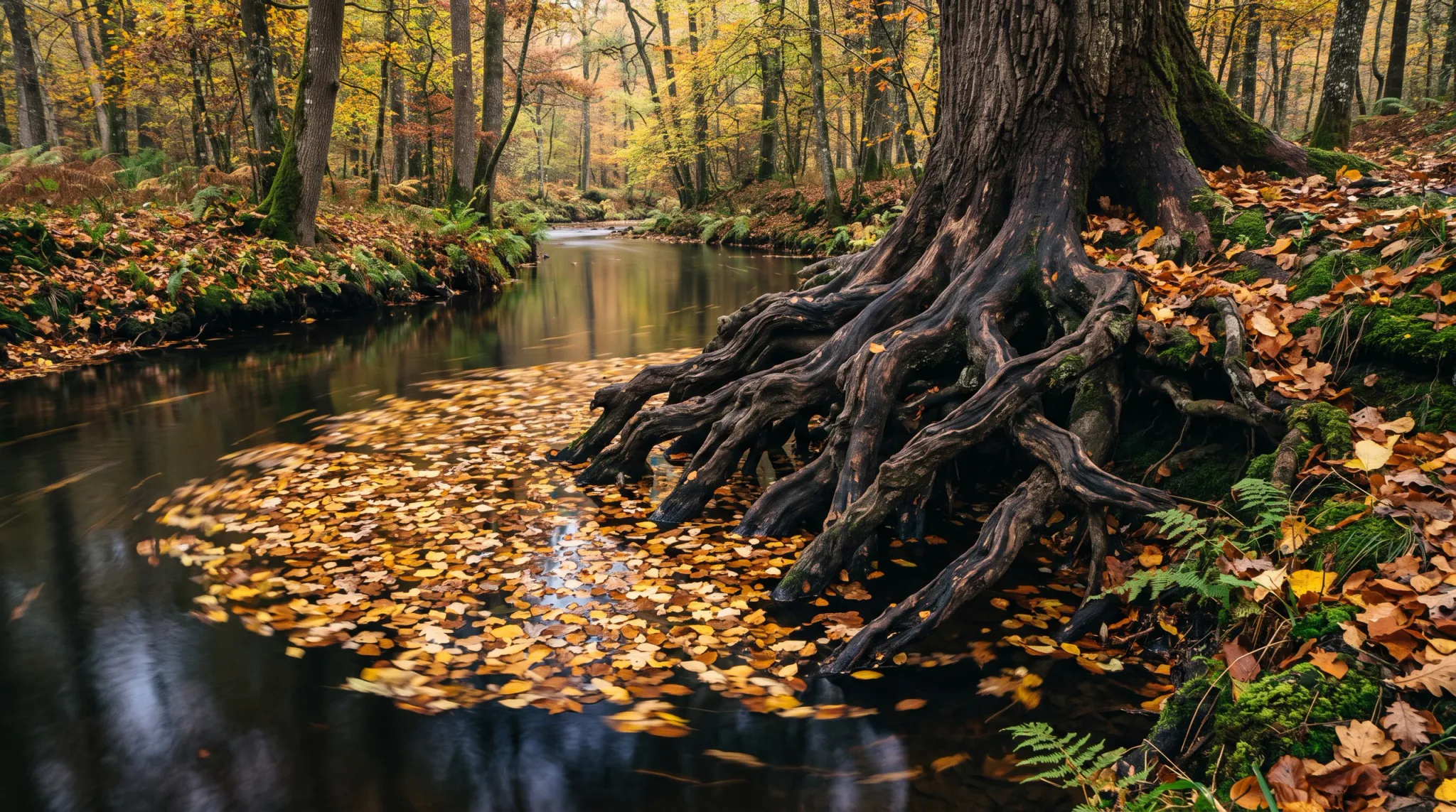 A tranquil autumn forest scene features a large deciduous tree with prominent, gnarled roots extending into a calm woodland stream. Golden and orange fallen leaves swirl on the surface of the dark water in an eddy, captured with a subtle long exposure effect. The surrounding forest floor is blanketed with colorful autumn foliage, green moss, and small ferns, with slender tree trunks rising into a golden canopy under soft, diffuse natural light.