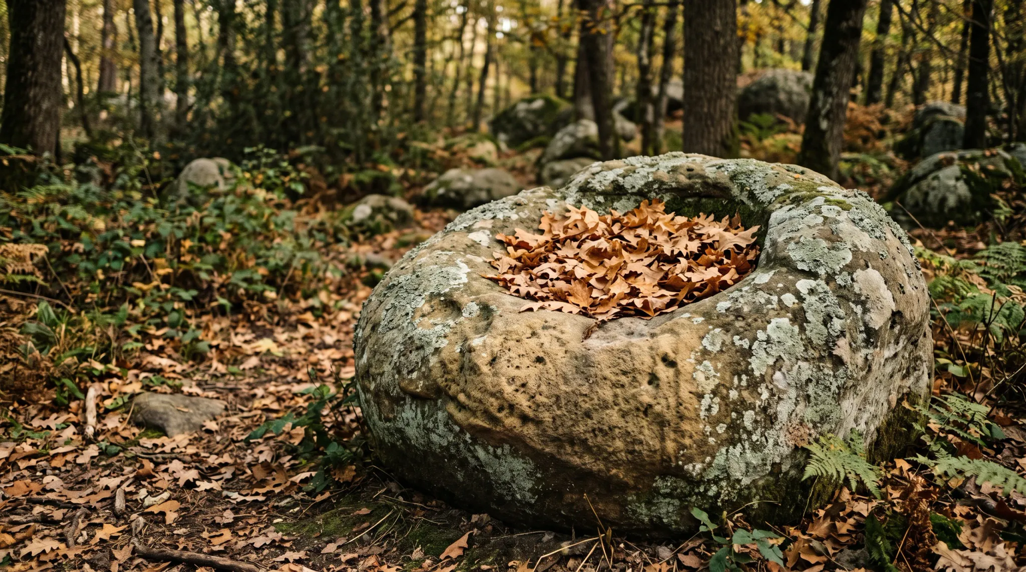 A large, rounded stone boulder with a natural hollow basin sits on an autumn forest floor. The rock depression is filled with crisp, dry golden-brown oak leaves, and patches of pale green lichen and moss cover the weathered exterior. The surrounding woodland floor is carpeted with fallen leaves, small ferns, and slender forest trees.