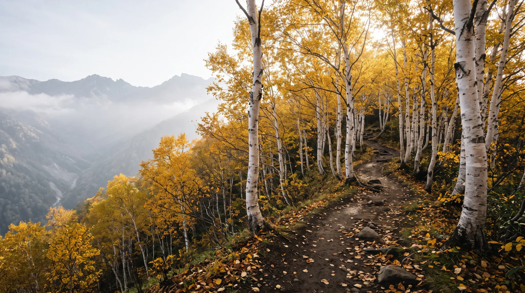 A dirt hiking trail winds through a grove of white-barked birch trees with vibrant yellow autumn foliage on a mountain ridge, overlooking a misty valley and rugged alpine peaks in the distance.