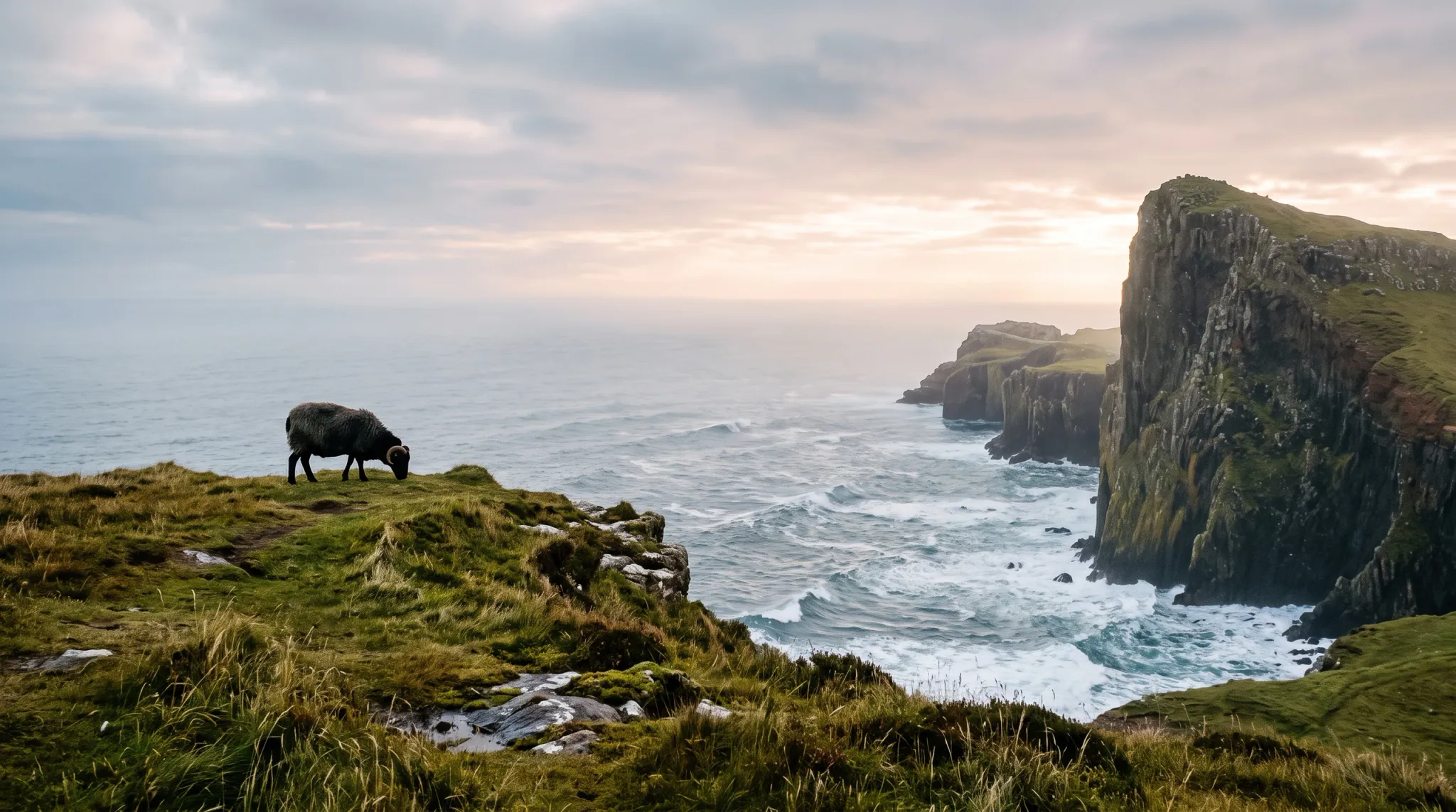 A solitary dark-wooled horned sheep grazes on a lush clifftop bluff overlooking towering sea cliffs and turbulent ocean waves beneath a soft, overcast sky.