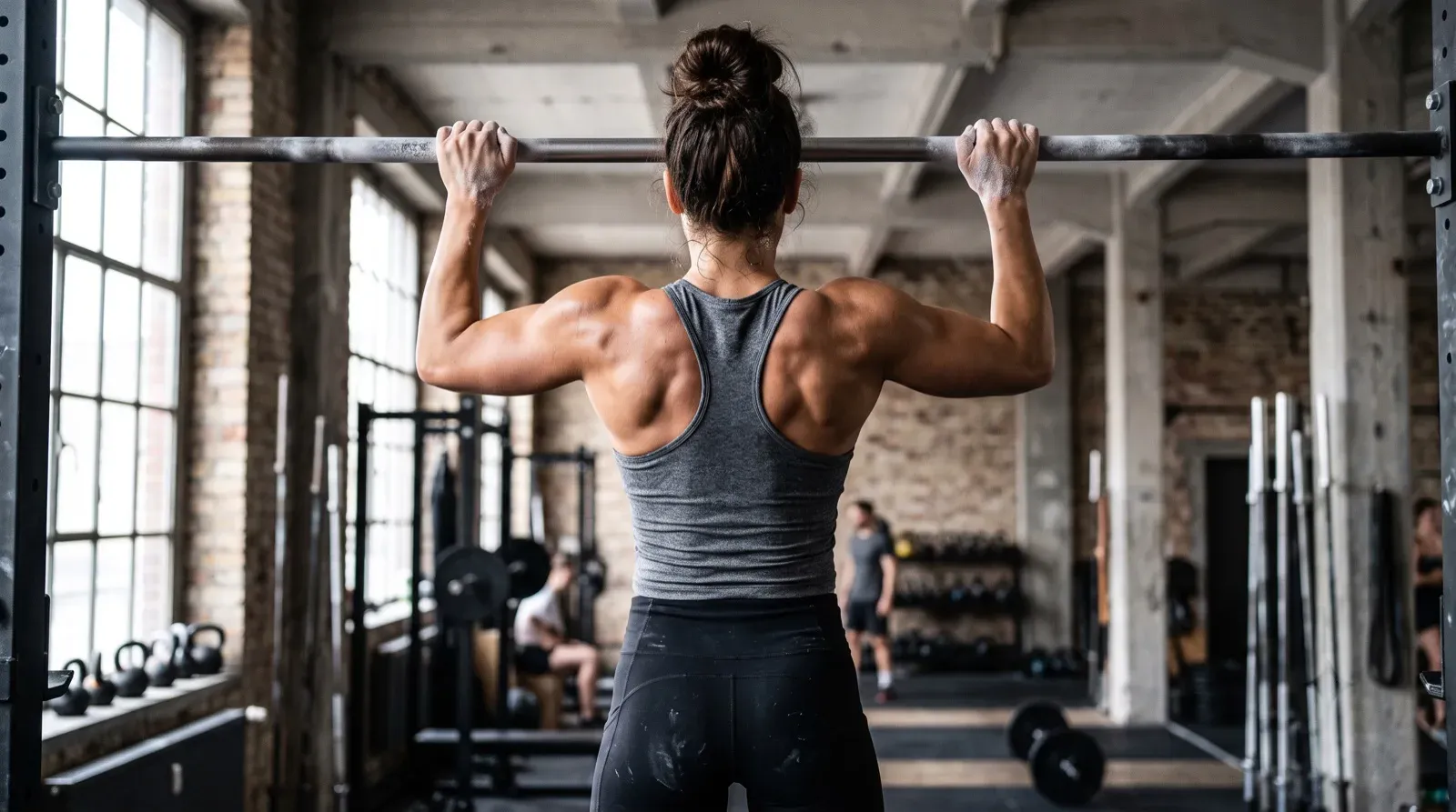 A rear-angle view of an athletic adult woman with pronounced back muscle definition gripping a horizontal metal pull-up bar with chalk-covered hands. She is wearing a gray fitted racerback tank top and black athletic leggings marked with chalk dust, with her dark hair gathered into a high bun. In the blurred background, brick walls, large warehouse-style windows, gym equipment, and two other gymgoers are visible.