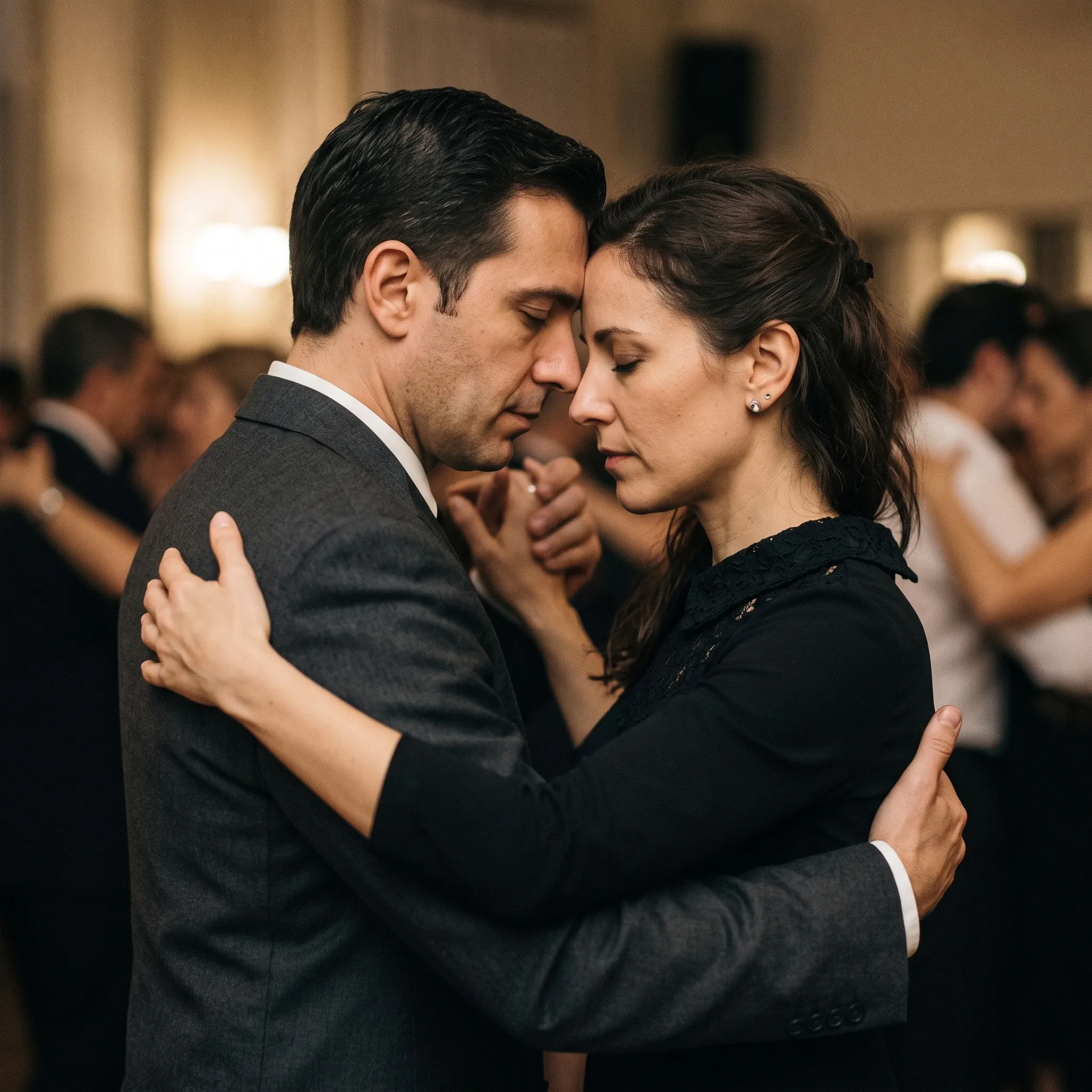 A man in a dark gray blazer and a woman in a black dress dance closely in an warmly lit indoor ballroom, foreheads nearly touching and eyes closed. Several other blurred couples dance in the background.
