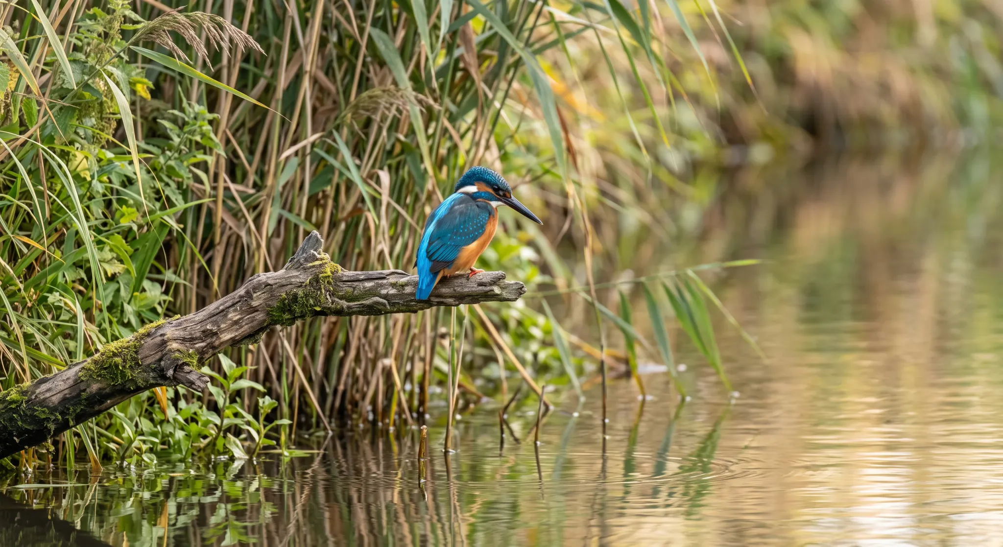 A vibrant common kingfisher (Alcedo atthis) perches alertly on a weathered, moss-covered tree branch extending over calm, rippling water. The bird exhibits brilliant cyan and blue plumage on its head, back, and wings, contrasted with a warm orange breast and white throat accents. The background features soft-focus tall reeds and lush riparian foliage lining the riverbank.