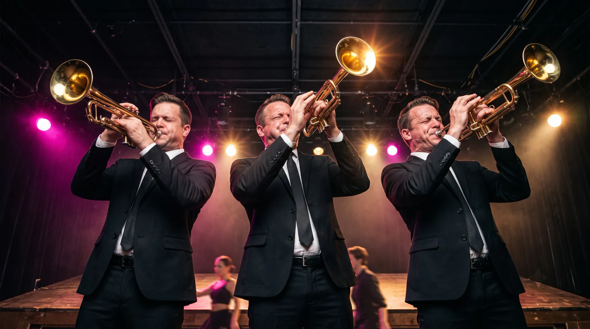 Three adult men in coordinated black suits, white shirts, and black ties perform on trumpets across an indoor concert stage. They stand in a row with eyes closed and mouths on their instruments, surrounded by warm, pink, and purple stage lights, haze, and blurred background performers.