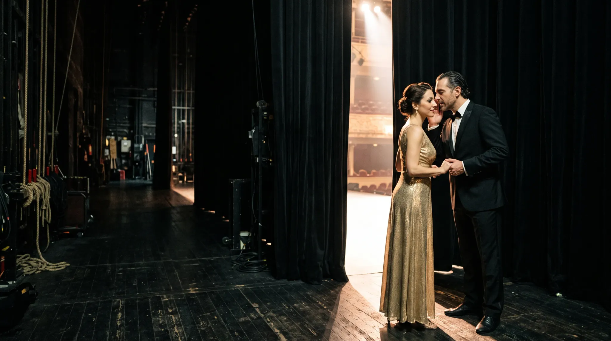 A woman in a shimmering gold evening gown and a man in a black tuxedo stand closely together backstage in the wings of a theater. Flanked by heavy black stage curtains, the man leans in to whisper into the woman's ear while clasping her hands. Through the parted curtains, the illuminated auditorium seating and stage lighting are visible in the background.