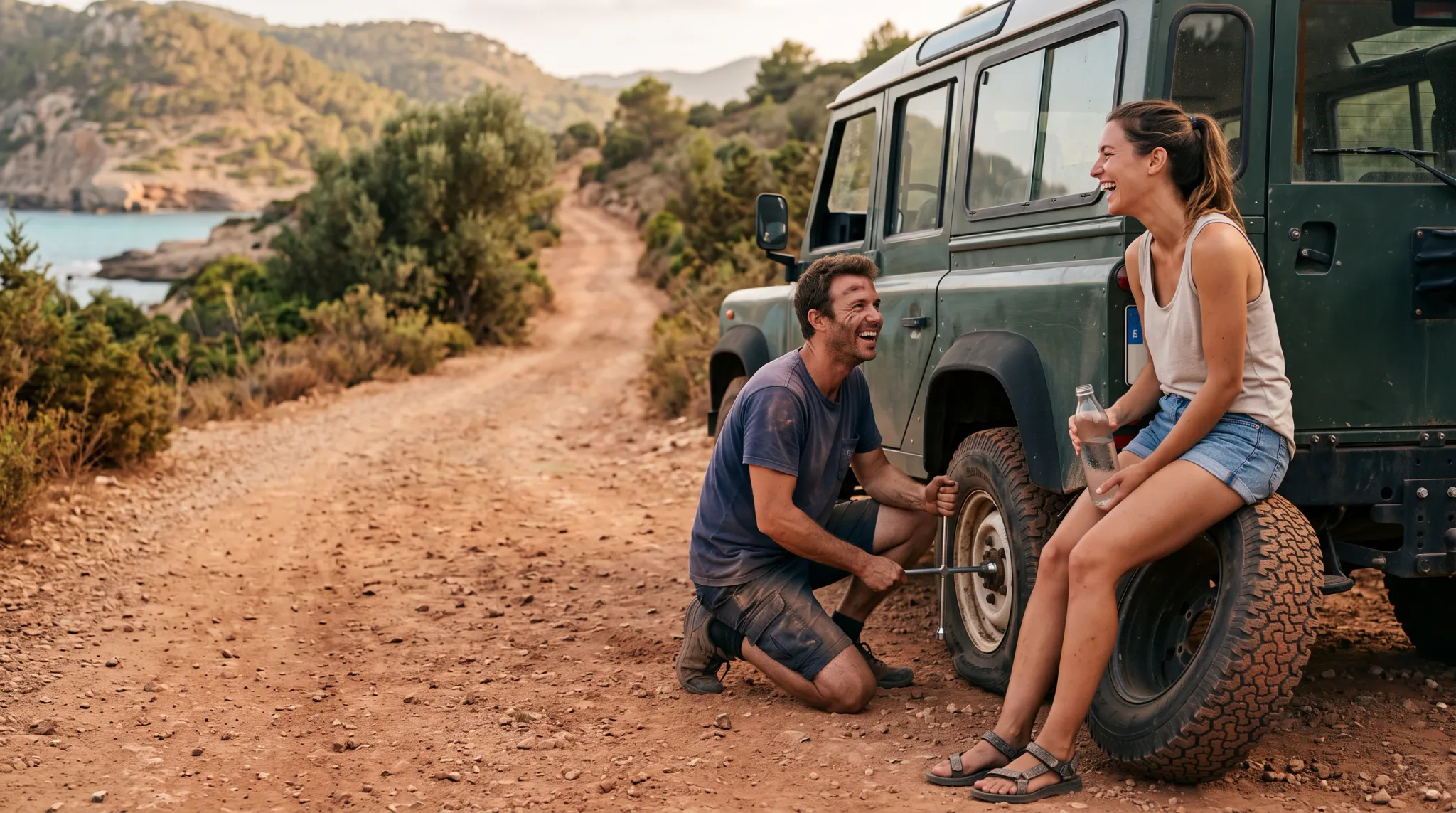 A cheerful couple enjoys an unexpected roadside adventure as a man kneels on a dirt road tightening or loosening wheel lug nuts on a vintage dark green 4x4 off-road vehicle using a cross lug wrench, while a woman sits smiling on a spare tire holding a glass water bottle beside him, with a scenic coastal bay and hills in the background under warm afternoon sunlight.