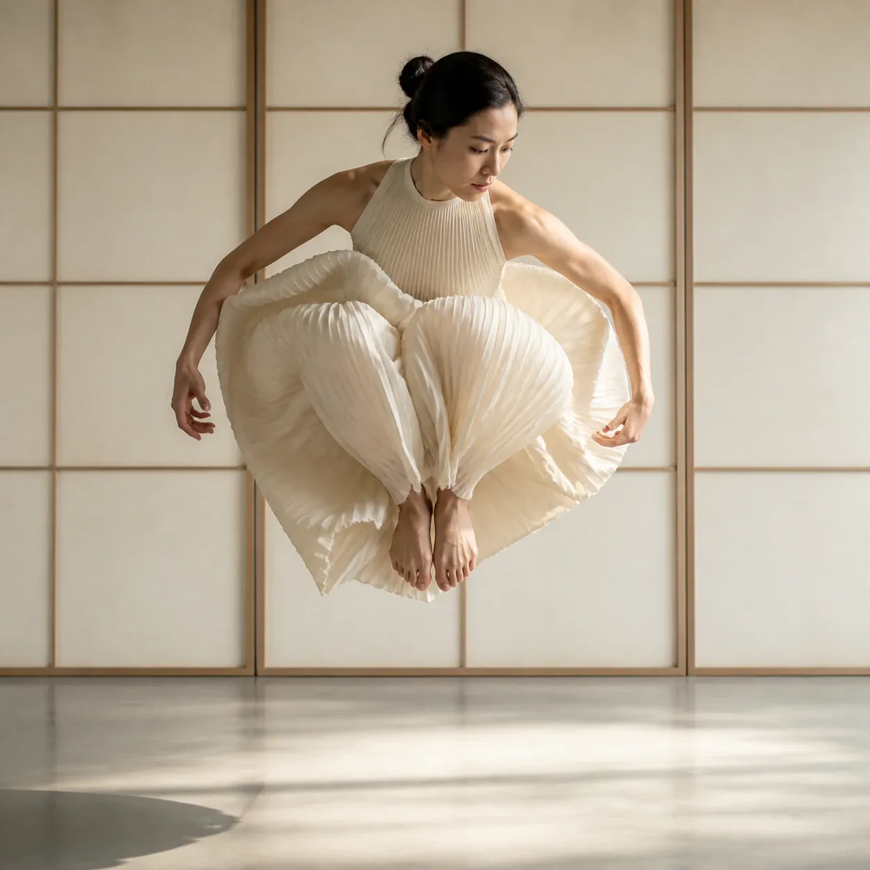A female dancer is captured mid-air in a suspended tuck jump inside a minimalist room featuring traditional shoji-style sliding screens in the background. She wears an ivory or cream-colored sleeveless pleated dress that billows outward around her tucked knees. Her black hair is styled into a neat high bun, and she looks downward with a focused, serene expression. Soft natural light illuminates the scene, casting subtle shadows on the smooth studio floor beneath her.