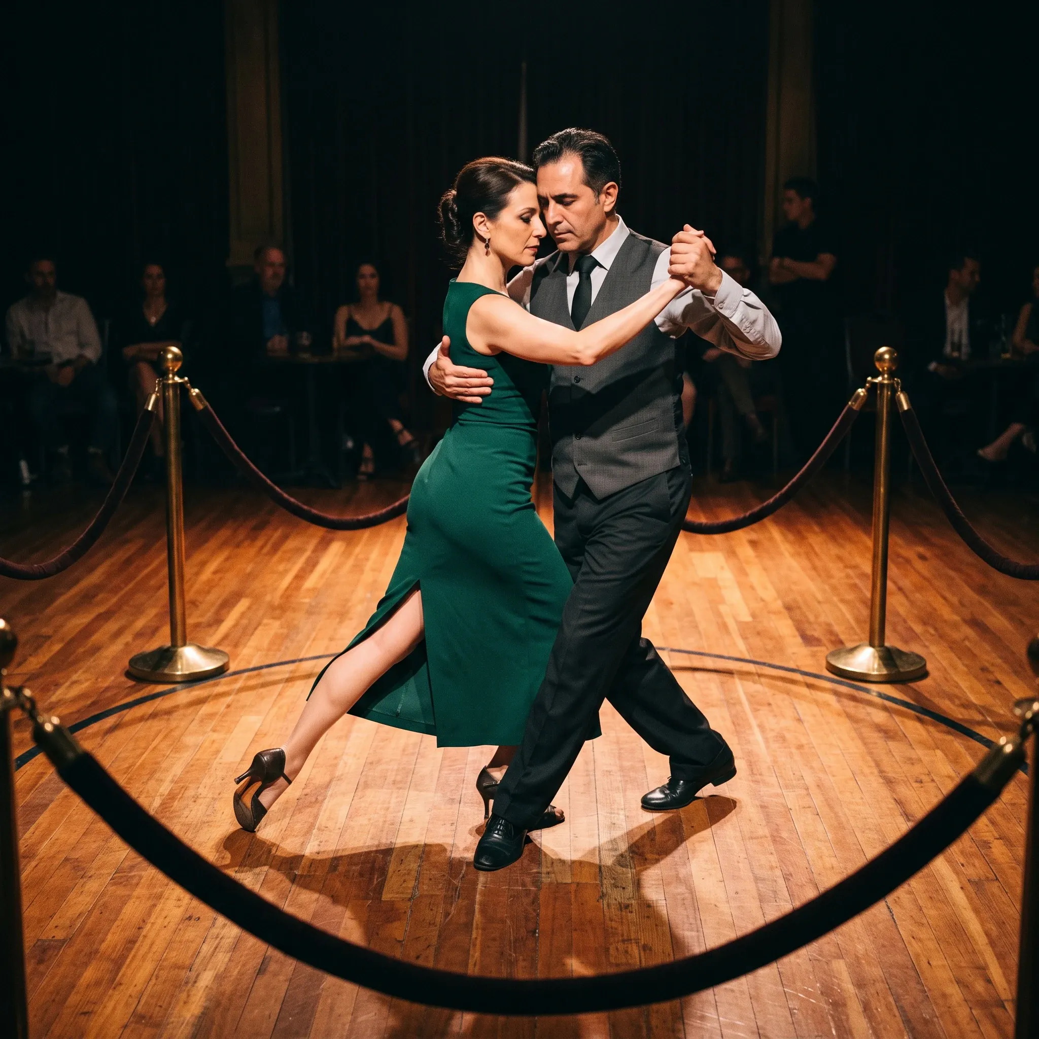 A man and woman perform an expressive Argentine tango dance on an illuminated wooden floor in a ballroom. The woman wears a sleeveless dark green midi dress with a high slit and brown heeled shoes, with her hair styled in a low bun. The man wears a grey vest over a light collared shirt with a dark tie, dark trousers, and black dress shoes. Brass stanchions with dark velvet ropes encircle the performance space while spectators watch from the dimly lit background.