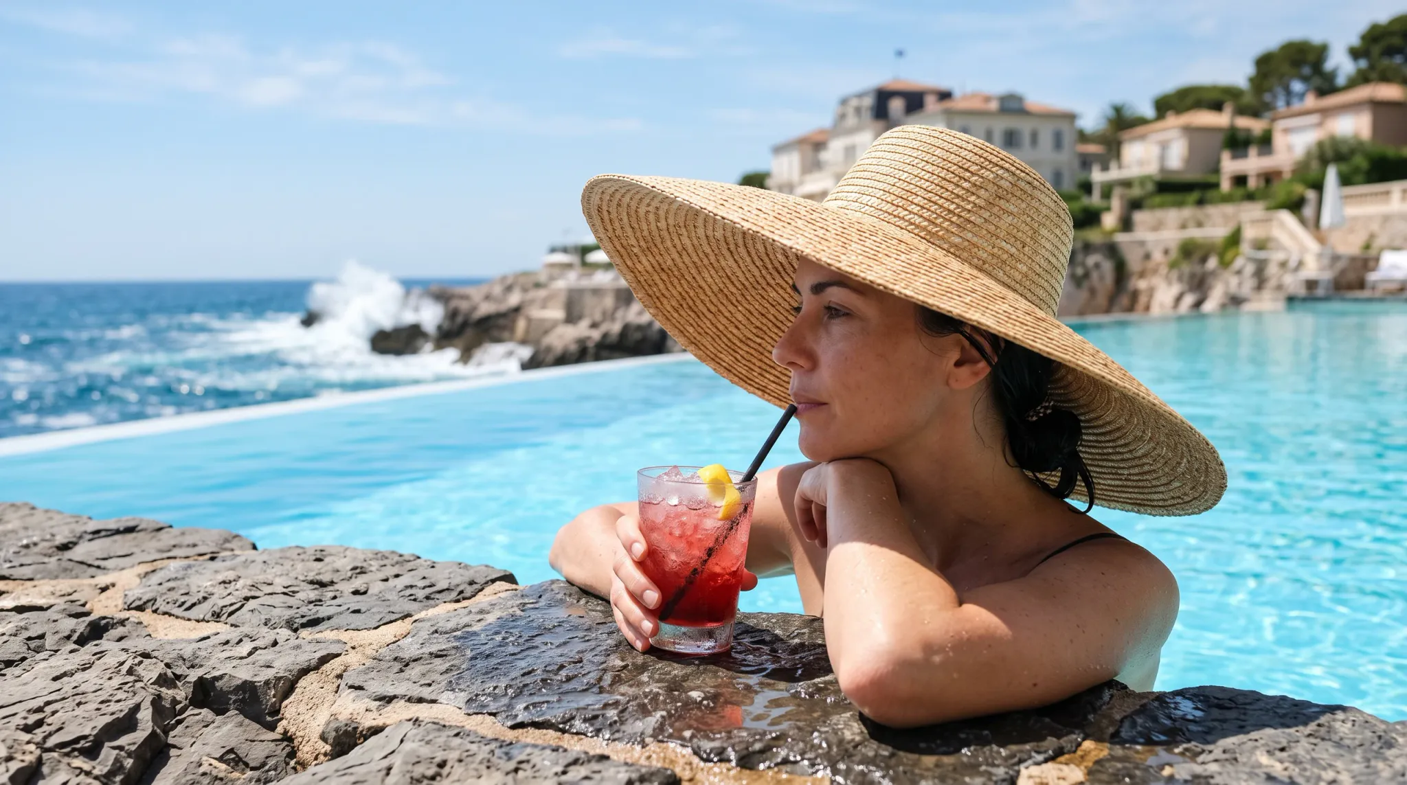 A woman in a wide-brimmed woven sun hat relaxes in a bright outdoor infinity pool overlooking a rocky ocean coast and villa-lined shore. She leans on the stone pool edge while holding and sipping a red iced drink through a straw.