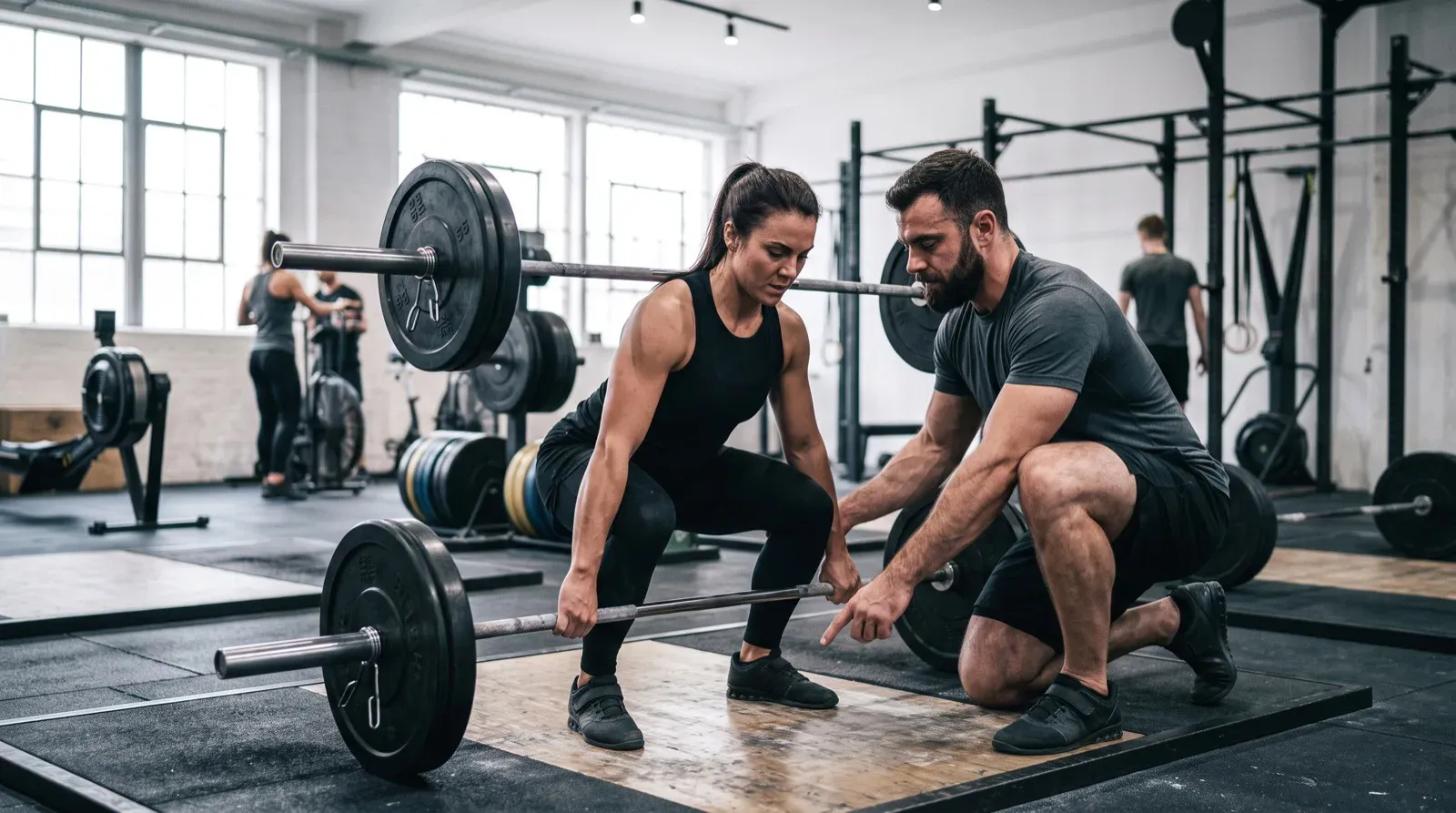 An athletic woman in black activewear grips a loaded barbell in a wide squat stance on a wooden lifting platform inside a brightly lit gym, while a bearded male trainer kneels beside her and points to provide technique guidance. Additional fitness equipment and patrons are visible softly blurred in the background.