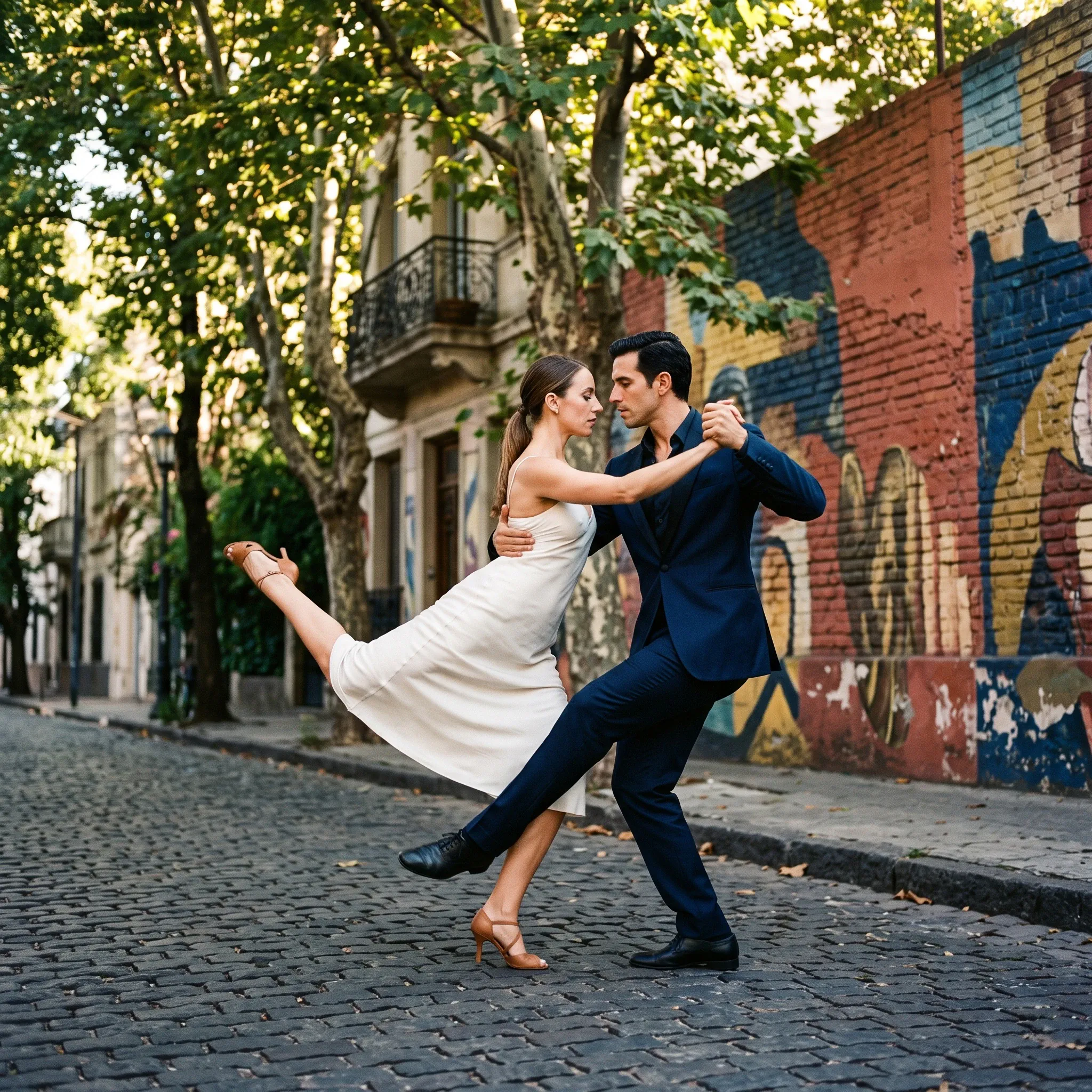 A man in a sharp navy blue suit and a woman in an elegant cream slip dress perform an Argentine tango on a sunlit cobblestone street. She extends her right leg backward in an expressive dance figure supported by her partner, who lunges forward while holding her hand and waist. Lush green trees and a building with a painted mural frame the outdoor urban scene.