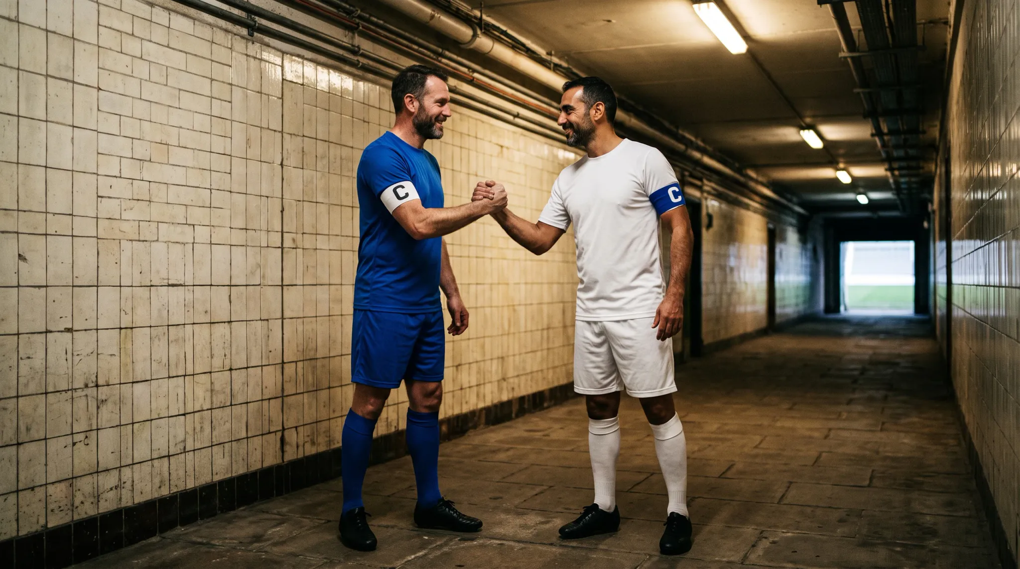 Two male soccer captains, one wearing a blue kit with a white captain's armband and the other wearing a white kit with a blue captain's armband, smile warmly and clasp hands in greeting within a tiled stadium tunnel before entering the pitch.