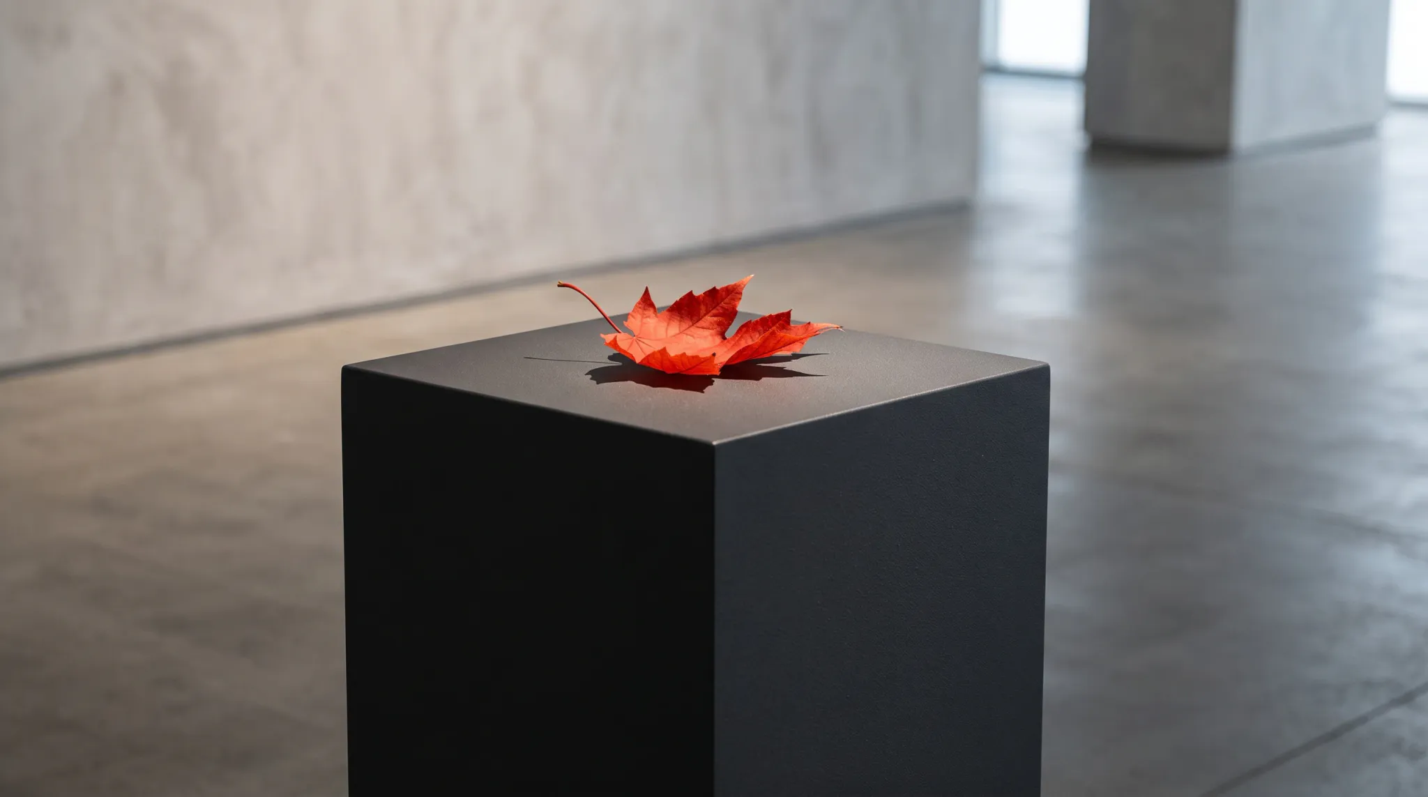 A vivid red-orange maple leaf rests on top of a large matte black square pedestal in a spacious modern indoor gallery or exhibition hall. Soft daylight enters from windows in the background, while the polished concrete floor and pale walls recede into a softly blurred interior.