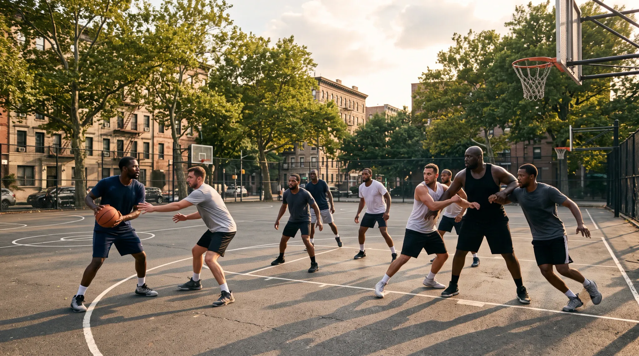 Ten adult basketball players compete on a fenced outdoor court in a city neighborhood during warm late-afternoon light. The foreground player in navy dribbles a basketball while a gray-shirted defender reaches toward him; other players are spread across the court, running, guarding, and positioning near multiple hoops. Apartment buildings and leafy trees surround the court.