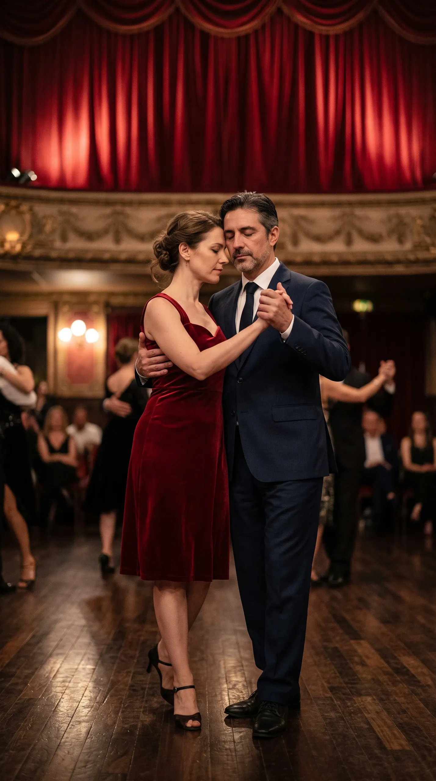 A man in a tailored navy blue suit and a woman in a red velvet sweetheart dress perform an intimate tango with closed eyes in an opulent ballroom theater, standing on a polished dark wood floor with spectators and crimson stage curtains in the background.