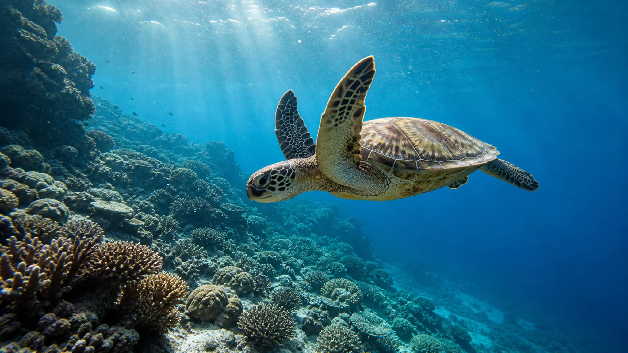 A sea turtle swims over a sunlit coral reef in clear water.