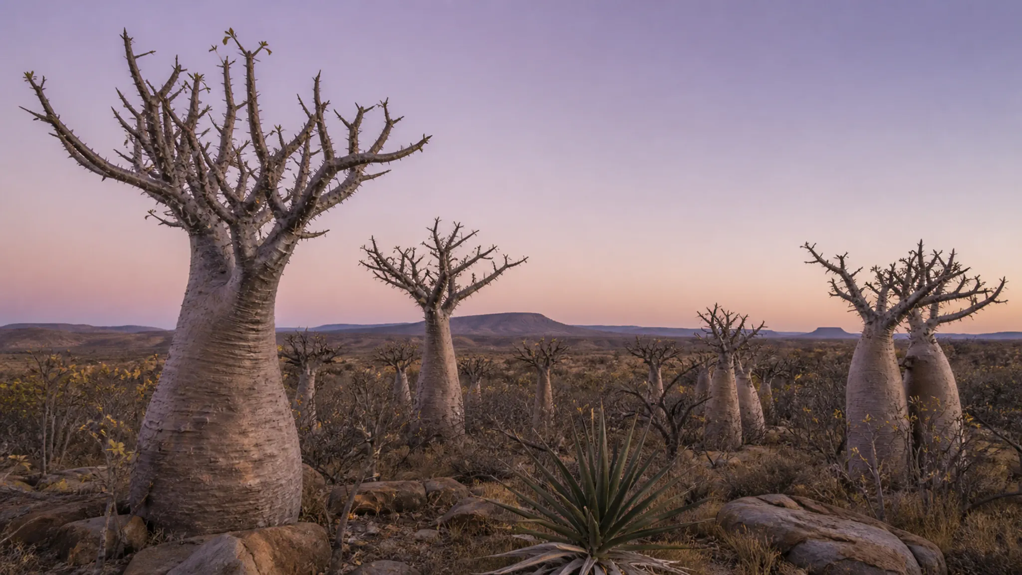 Sculptural thorny trees and dry plants beneath a pale violet evening sky.