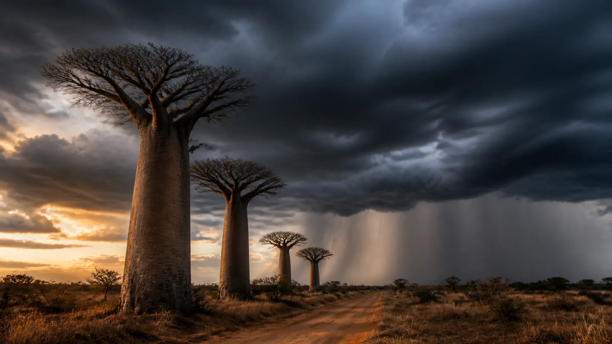 A line of baobabs stands beneath dark storm clouds and distant rain.