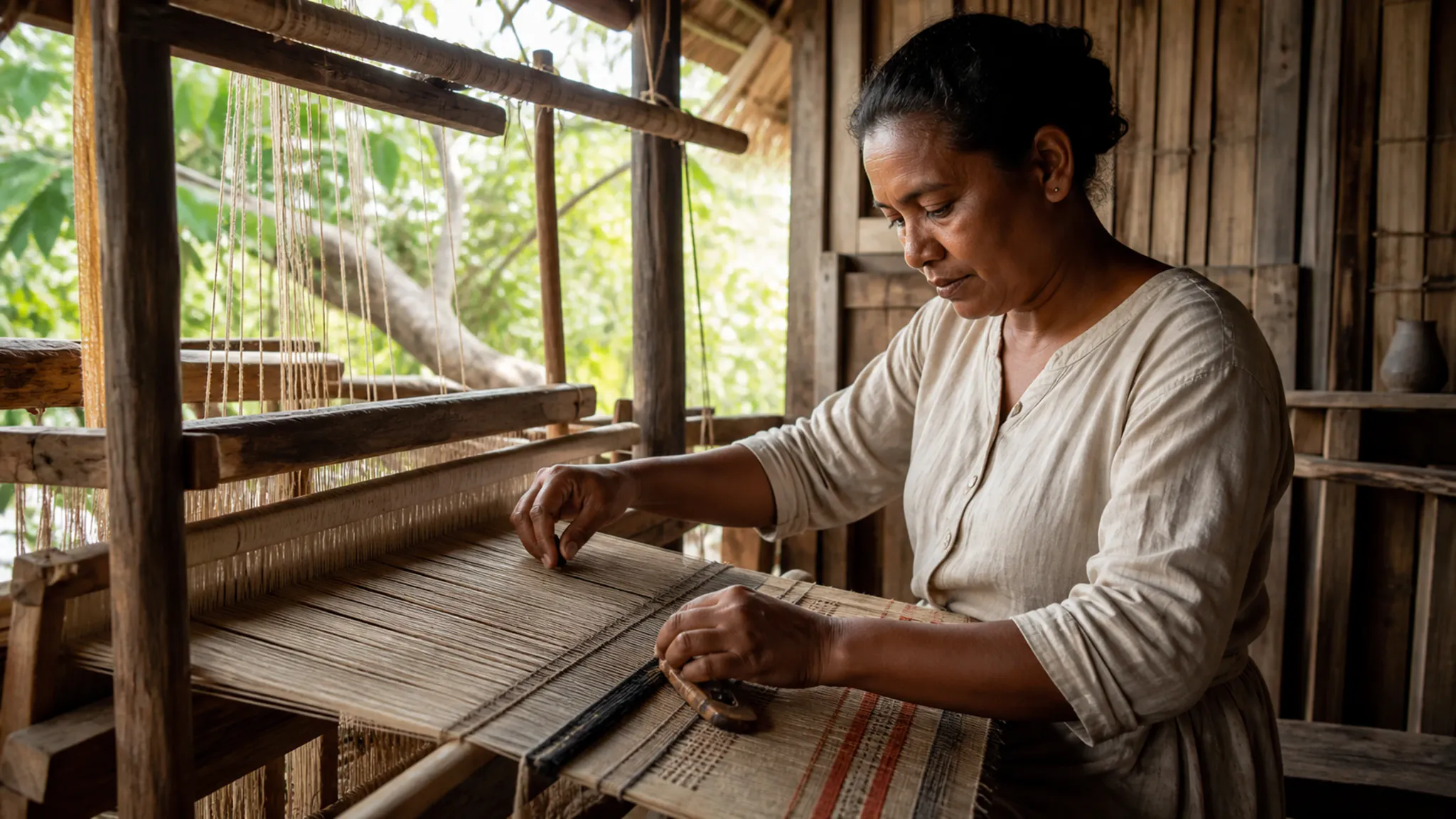 An adult artisan works at a wooden loom beside a sunlit window.